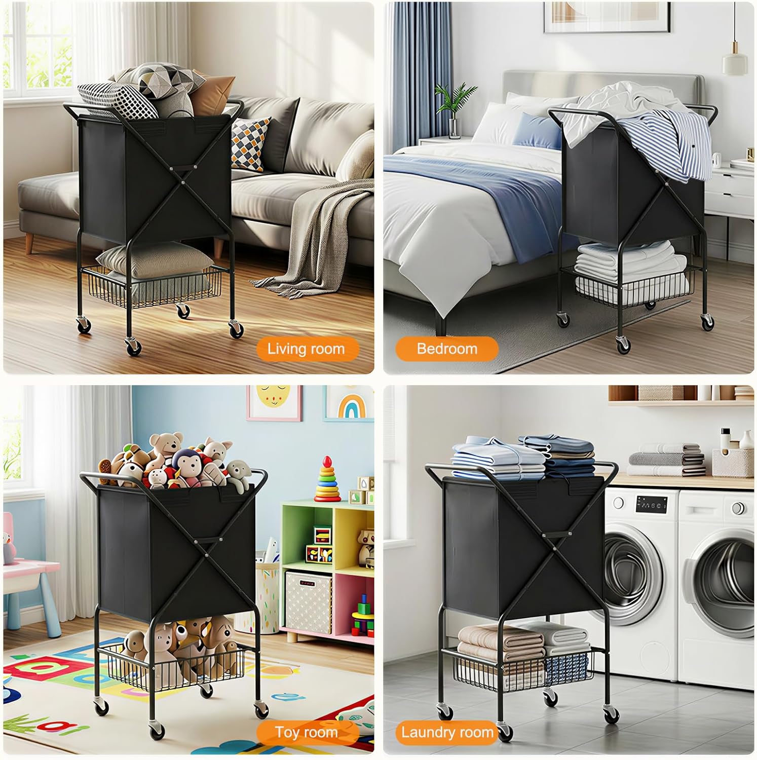 Laundry Basket with Wheels:88L Rolling Laundry Cart Foldable Metal Frame Dirty Clothes Laundry Hamper 36