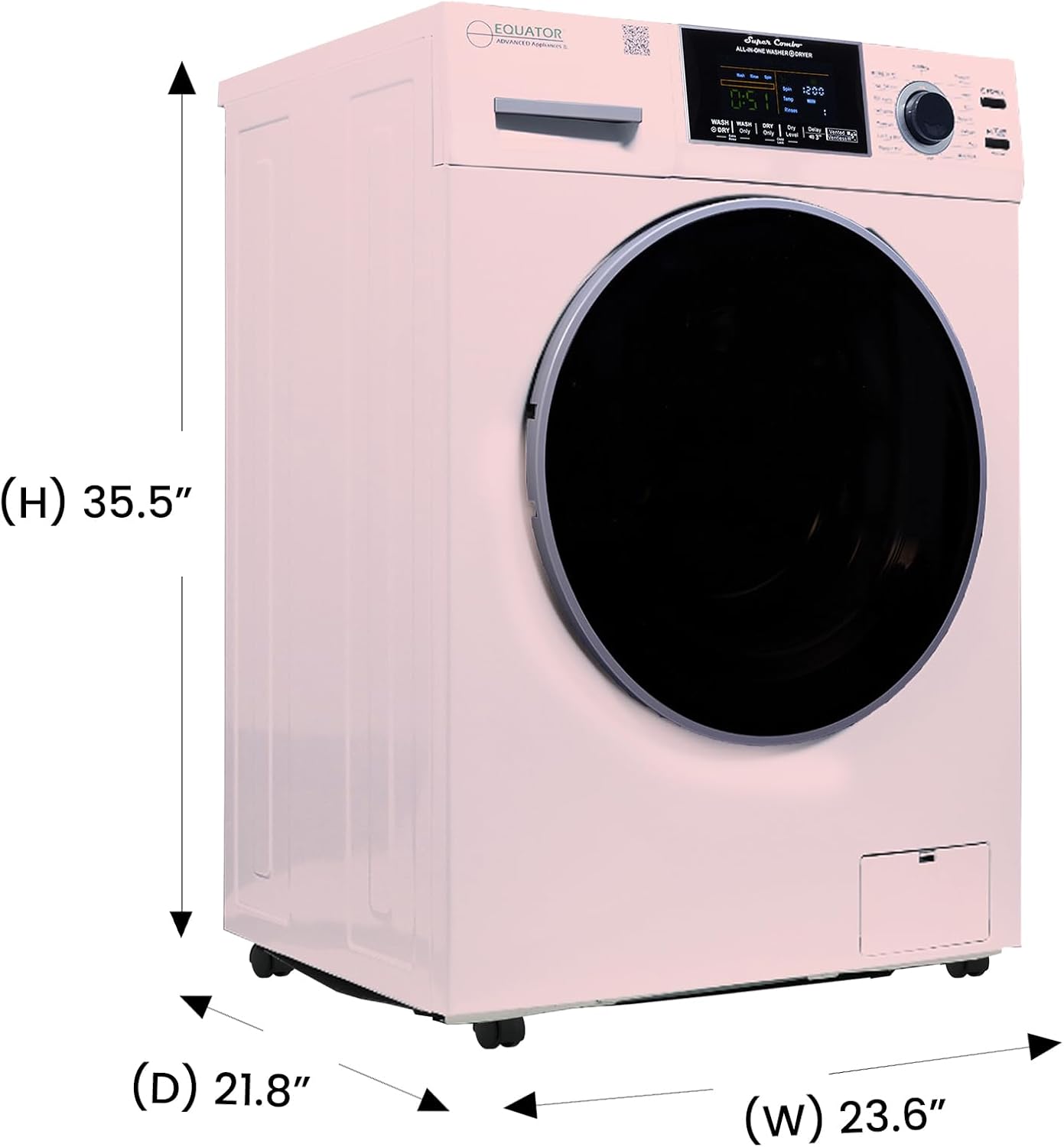 Equator All-in-One Washer Dryer VENTLESS/VENTED PET cycle 1.62cf/15lbs+Portability Kit in White (Pink)