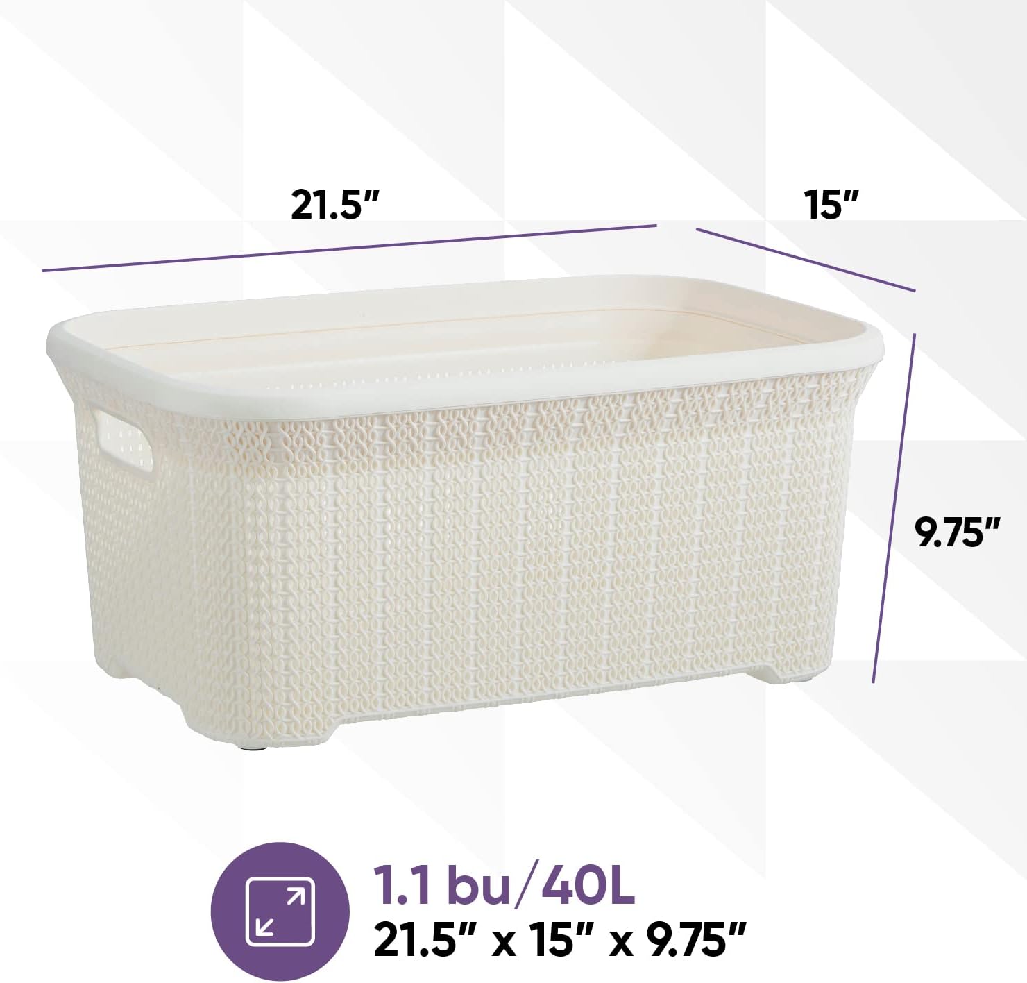 Designed Laundry Basket Plastic Small Storage Hamper Basket, Cream Cloths Basket Organizer with Cut-out Handles. Space Saving for Laundry Room Bedroom Bathroom, Knit Design 40 Liter.