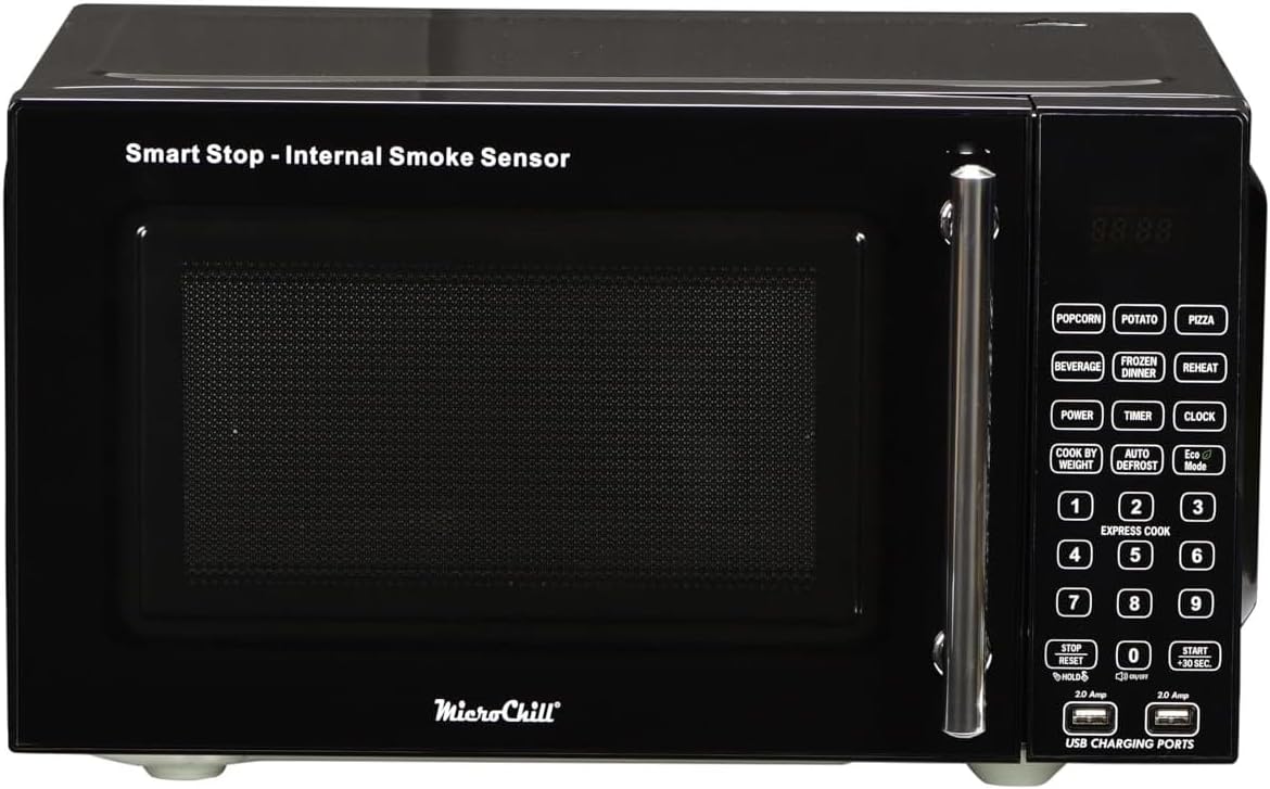 USB Microwave with Smoke Sensor, 2 USB Ports, Door Lock, 6 Cook Settings, Mute Function, Express Cook, +30 Seconds Function, Auto Defrost, Timer, Eco Mode, Easy Clean Dark Grey Interior.