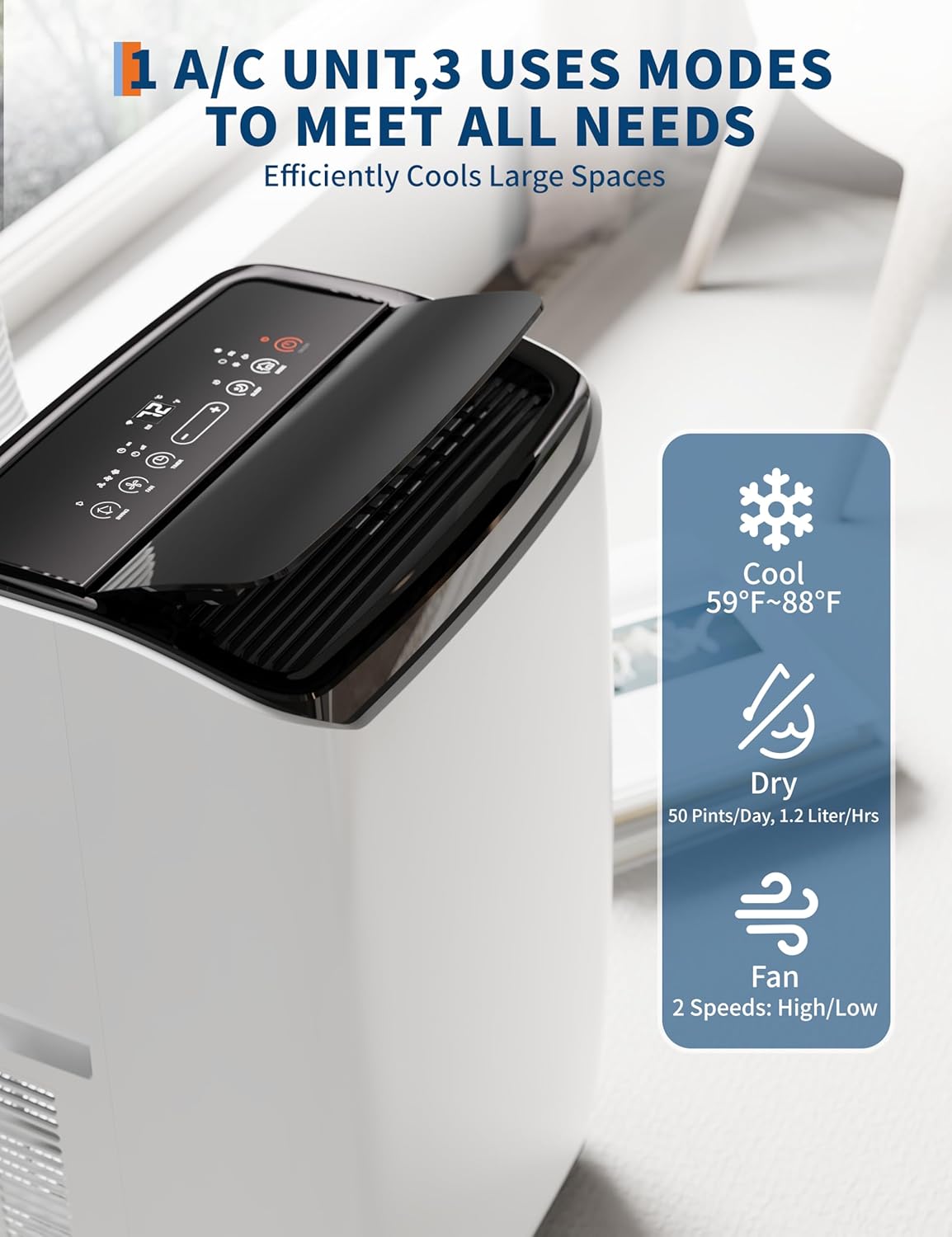 Portable AC Unit for Bedroom, 14000 BTU Air Conditioner for Rooms up to 750 Sq.Ft, 3-in-1 Energy Efficient AC Unit for Room with Fan, Dehumidifier 24H Timer & Remote Control, Black Top