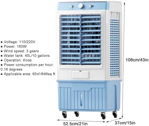 Portable Evaporative Air Cooler, Swamp Cooler, Portable Air Conditioner with 10 Gallon, Knob Control, Low Noise, 4 Ice Packs & 3 Speeds