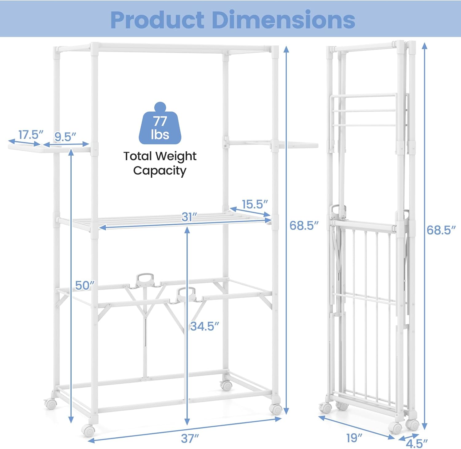 Giantex Clothes Drying Rack with Wheels, Collapsible Laundry Rack with 2 Folding Side Shelves & Detachable Middle Shelf, Moveable Laundry Garment Dryer Stand Dryer Rack for Apartment Indoor Outdoor