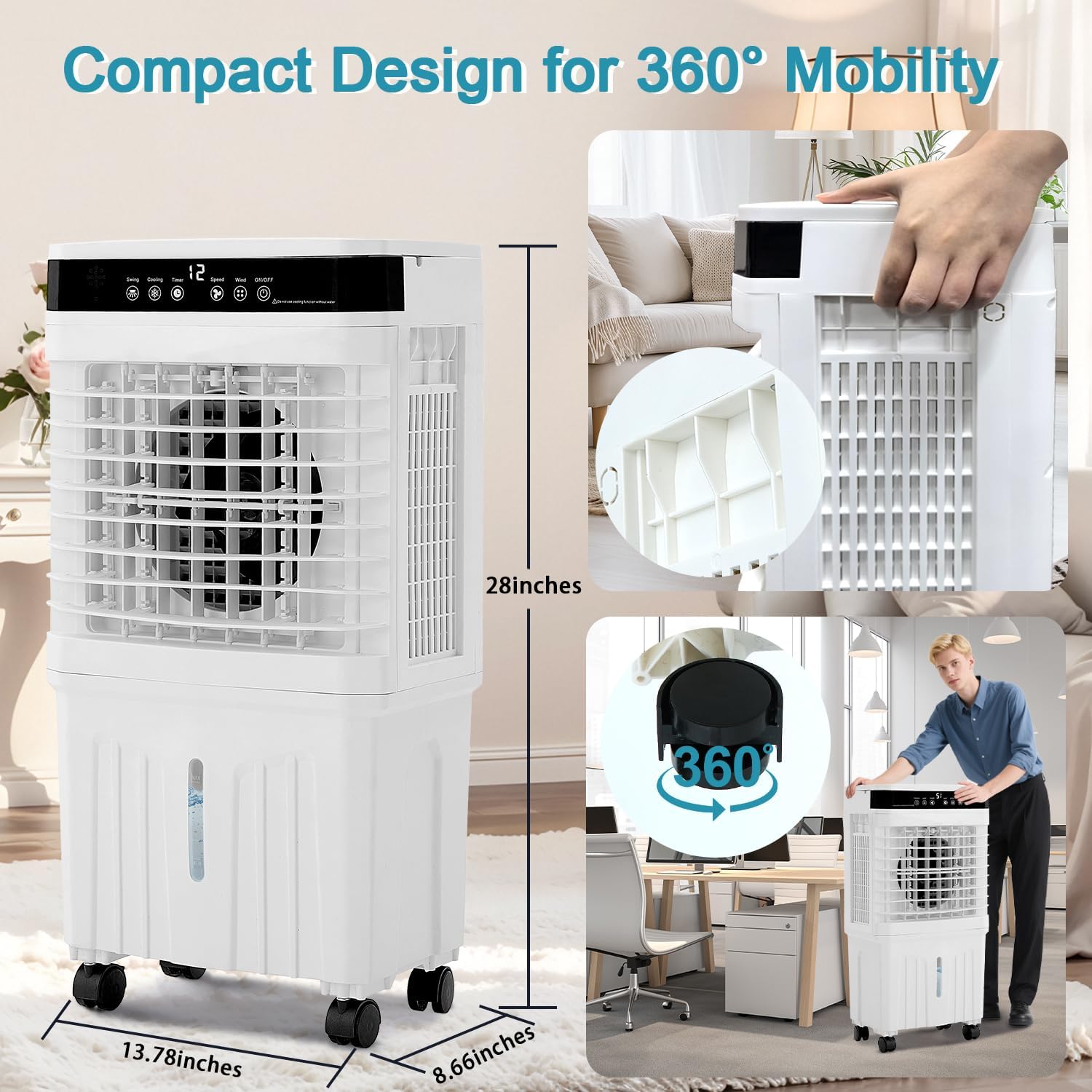 Swamp Cooler Portable Air Conditioners, 28” Evaporative Air Cooler with 3 Gallon Water Tank, 4 Ice Packs, 120°Oscillation Cooling Fan 2 Modes & 3 Speeds, 12H Timer for Home Outdoor Office Garage