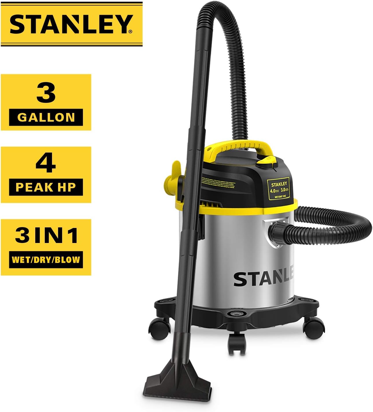 STANLEY 3 Gallon Wet Dry Vacuum, Powerful 4 Peak HP Motor, Portable Stainless Steel 3 in 1 Multifunctional Shop Vacuum with Blower, Model: SL18136