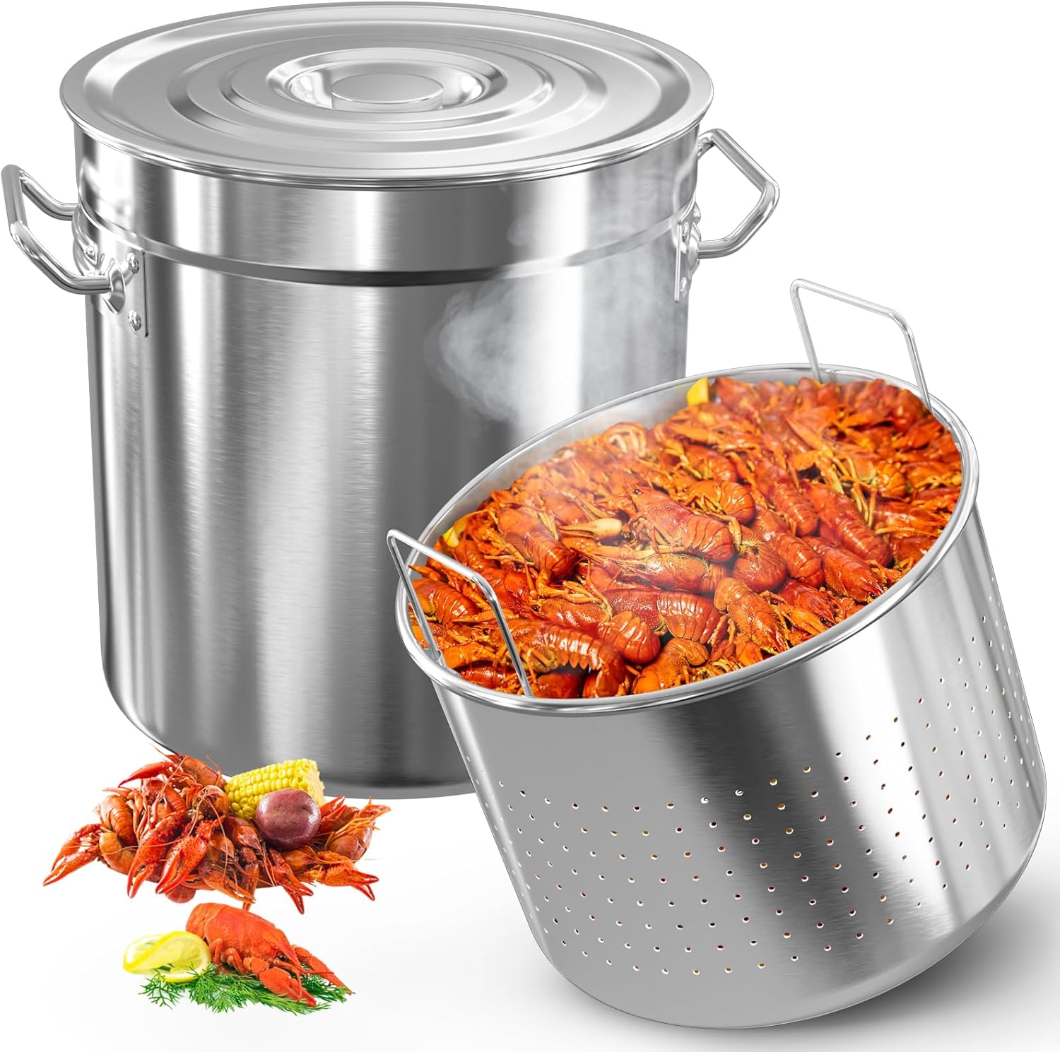 36-Quart Stainless Steel Seafood Boil Pot with Lid,Crab, Lobster, Shrimp Boil Stock with Strainer, Turkey Fryer Pot, Stock Boiler Deep,Fried Cooker for Commercial Outdoors