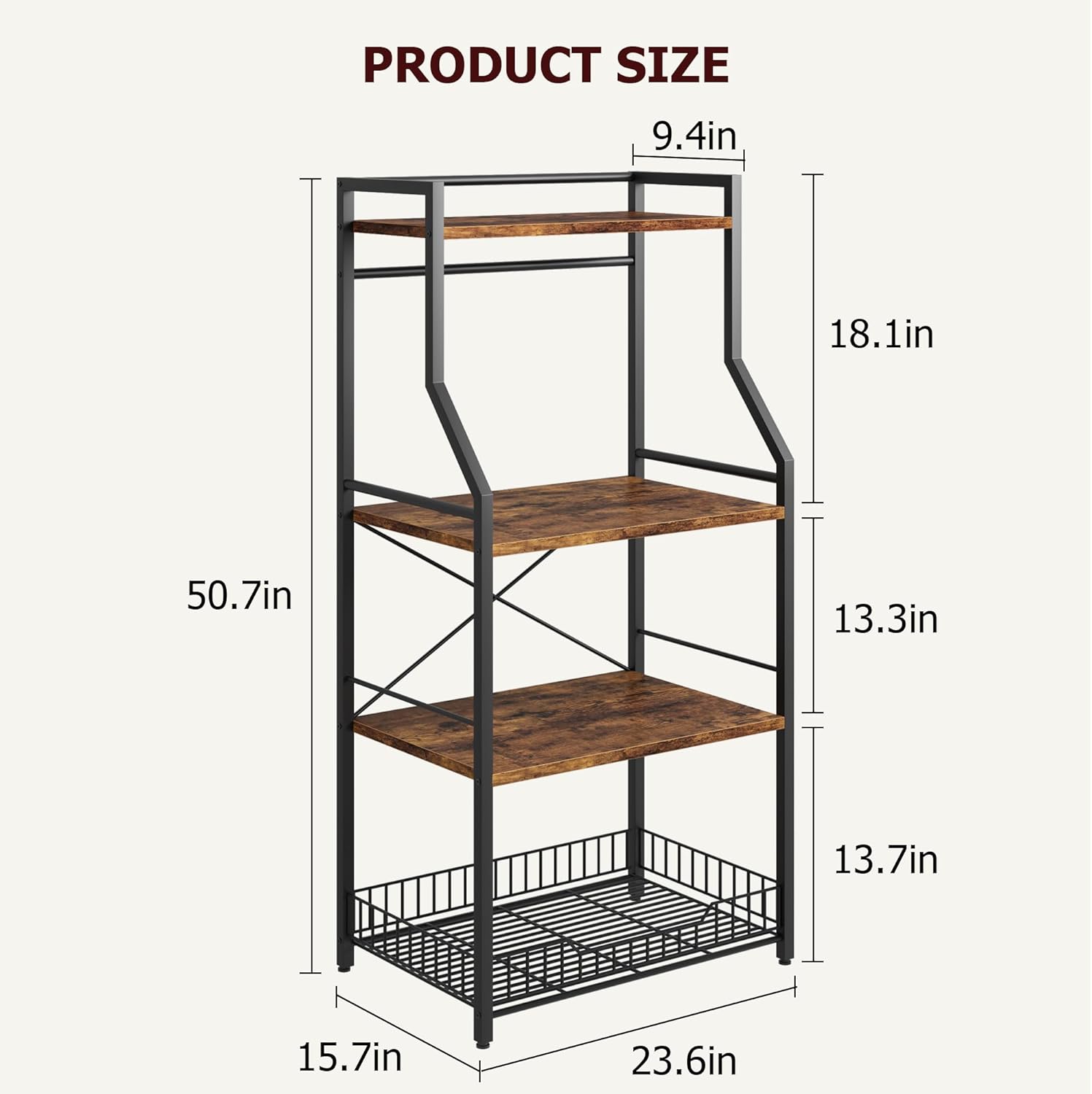 IDEALHOUSE Kitchen Bakers Rack, Microwave Oven Stand with Large Wire Basket, Industrial Coffee Bar Station, 4-Tier Kitchen Utility Storage Shelf with 8 Hooks for Spice, Pots Organizer, Rustic Brown