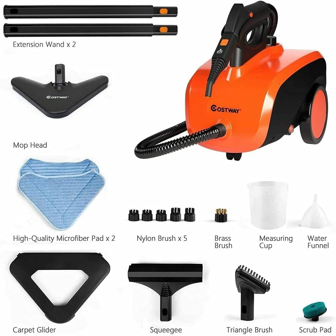 COSTWAY Multipurpose Steam Cleaner, 1500W Household Carpet Steamer with 19 Accessories, 1.5L Dual-Tank, Heavy Duty Steamer for Cleaning Carpet and Upholstery for Home Use, Orange+Black