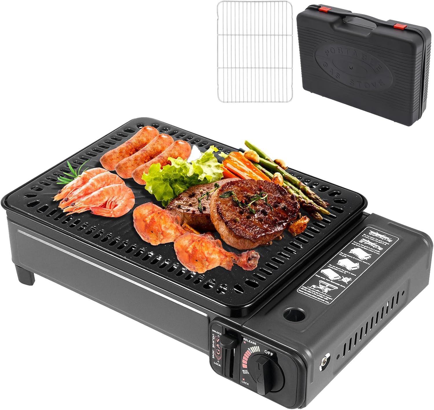 Portable Camping Grill Gas Grill Butane Stove Dual Fuel Gas Stove Camping Stove Kit Tabletop BBQ Grill for Camping Traveling Outdoor Cooking