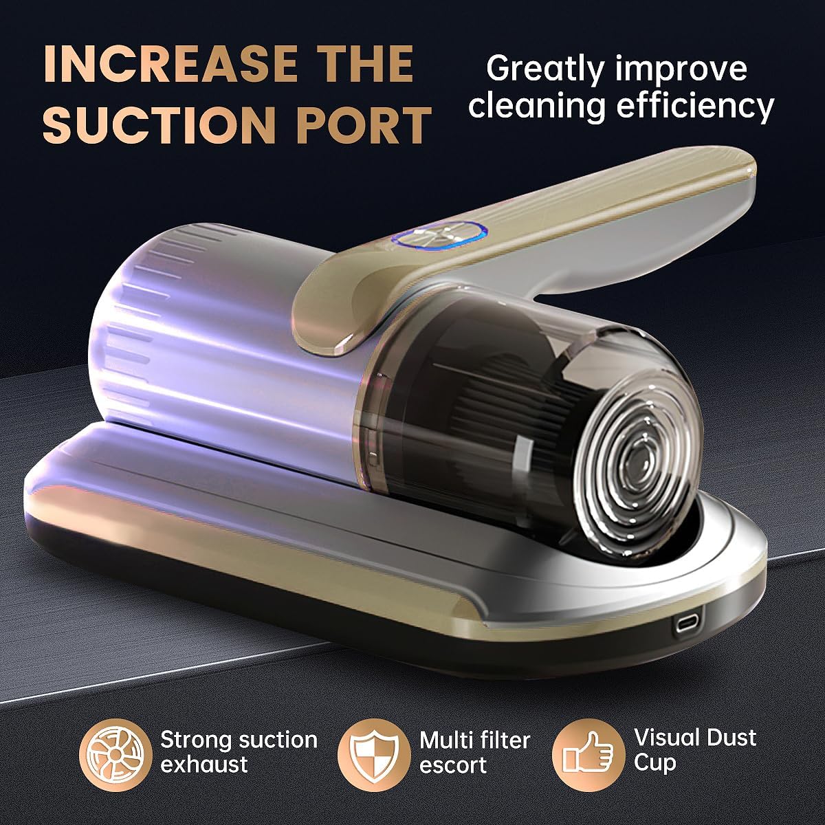 PATO Mattress Vacuum Cleaner, Wireless Handheld Bed Vacuum Cleaner with UV-C Light, HEPA Filter and Ultrasonic Vibration, 12KPa, Suitable for Beds, Sofas, Car Seats, Carpets (Golden)