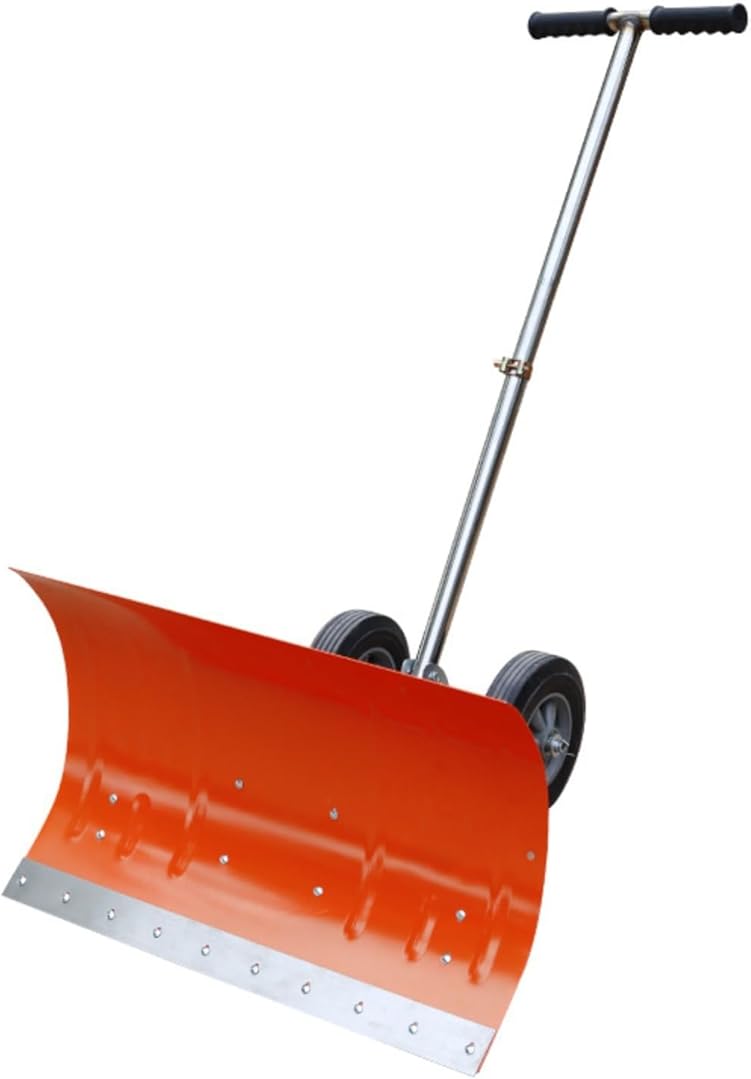Wheeled Snow Shovel Pusher,Metal Rolling Wheeled Snow Shovel Pusher with Height Adjustable Handle& Multi-Angle Heavy Duty Large Blade Plow ，for Doorway Driveway or Pavement Clearing Snow Pusher