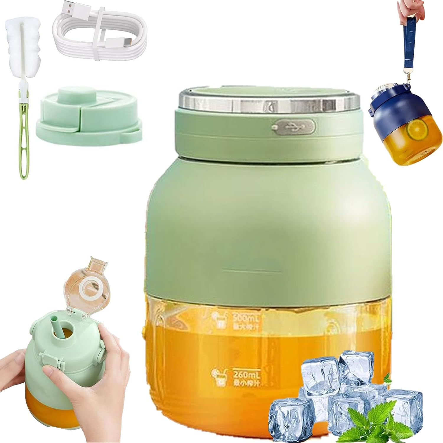 Portable wireless juicer，Portable Blender Cup with Straw and Two Lids, Multifunctional Large-Capacity Wireless Blenders Rechargeable, for Smoothies, Shakes & Frozen Blending (green)