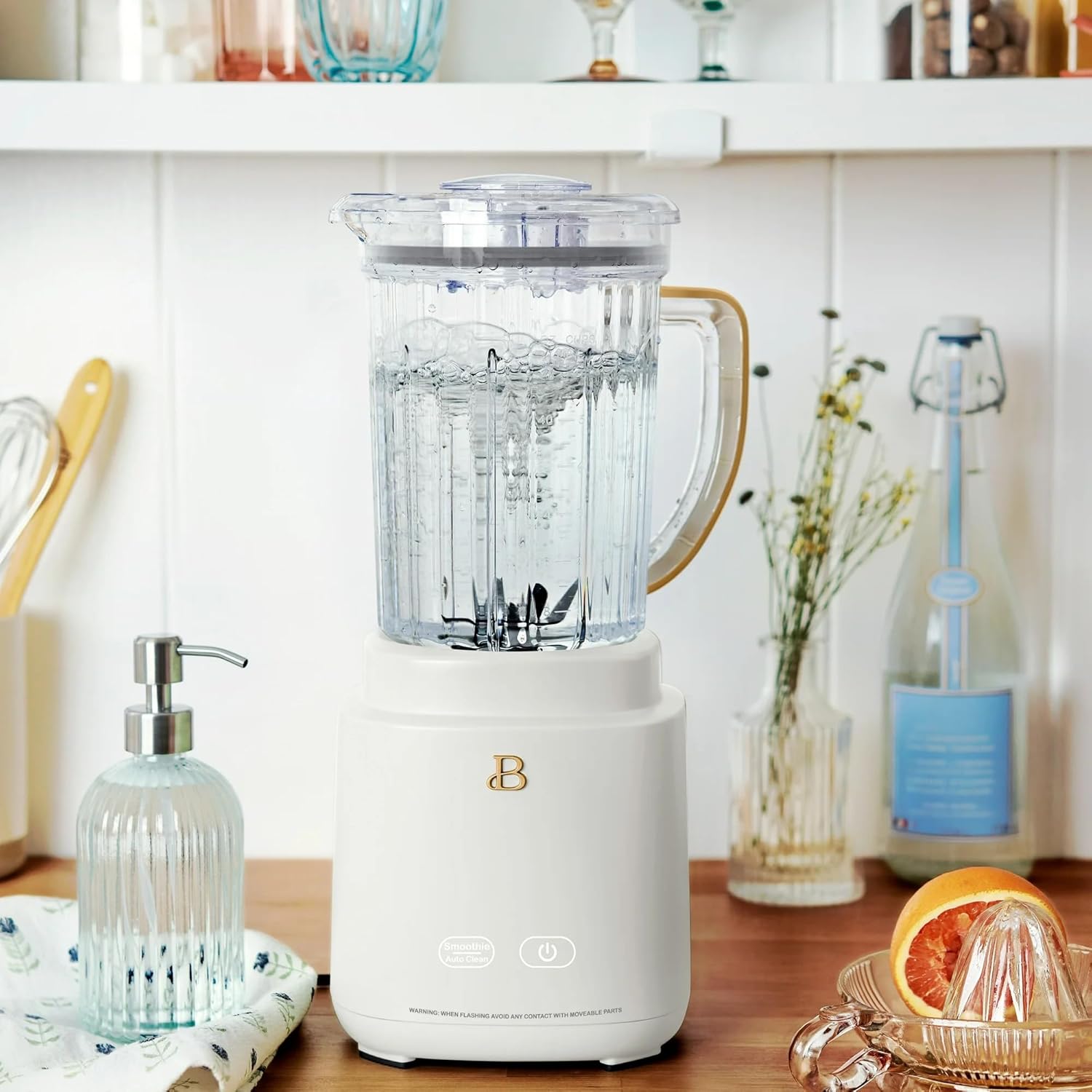 Beautiful PowerExact Blender System with 700W Motor, 50oz Tritan Jar, 20oz Single-Serve Cup, No Drippy Sippy™ Lid, 3 Speeds & 4 Pre-sets by Drew Barrymore (White Icing)