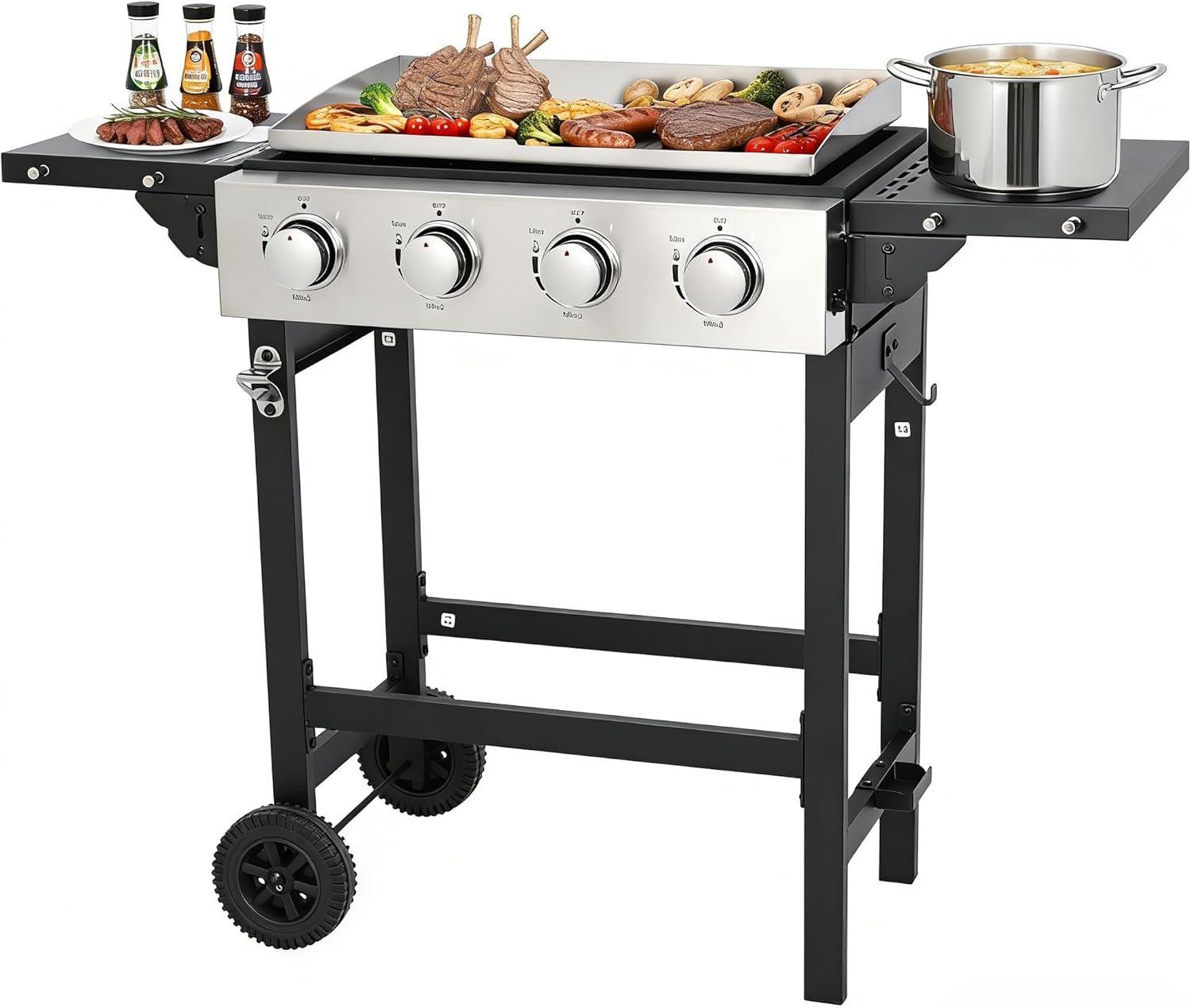 Portable Flat Top Grill with Folding Tabletop Design & Integrated Cart - Propane Griddle for Outdoor Cooking, Camping, Tailgating (4-burner Flat Top)