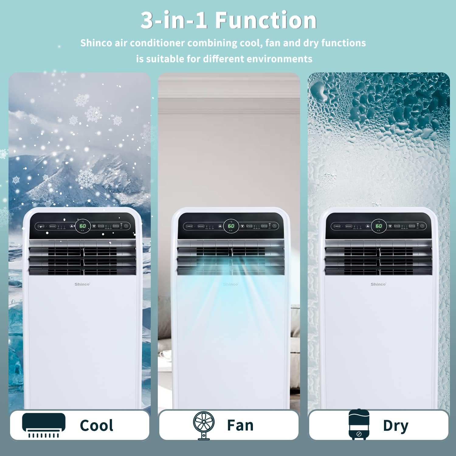 Shinco 12,000 BTU Portable Air Conditioner with WiFi, Portable AC Unit with Built-in Cool, 3-in-1 Cooling Fan & Dehumidifier for Rooms up to 400 Sq.Ft, Remote, 24H Timer, Installation Kits