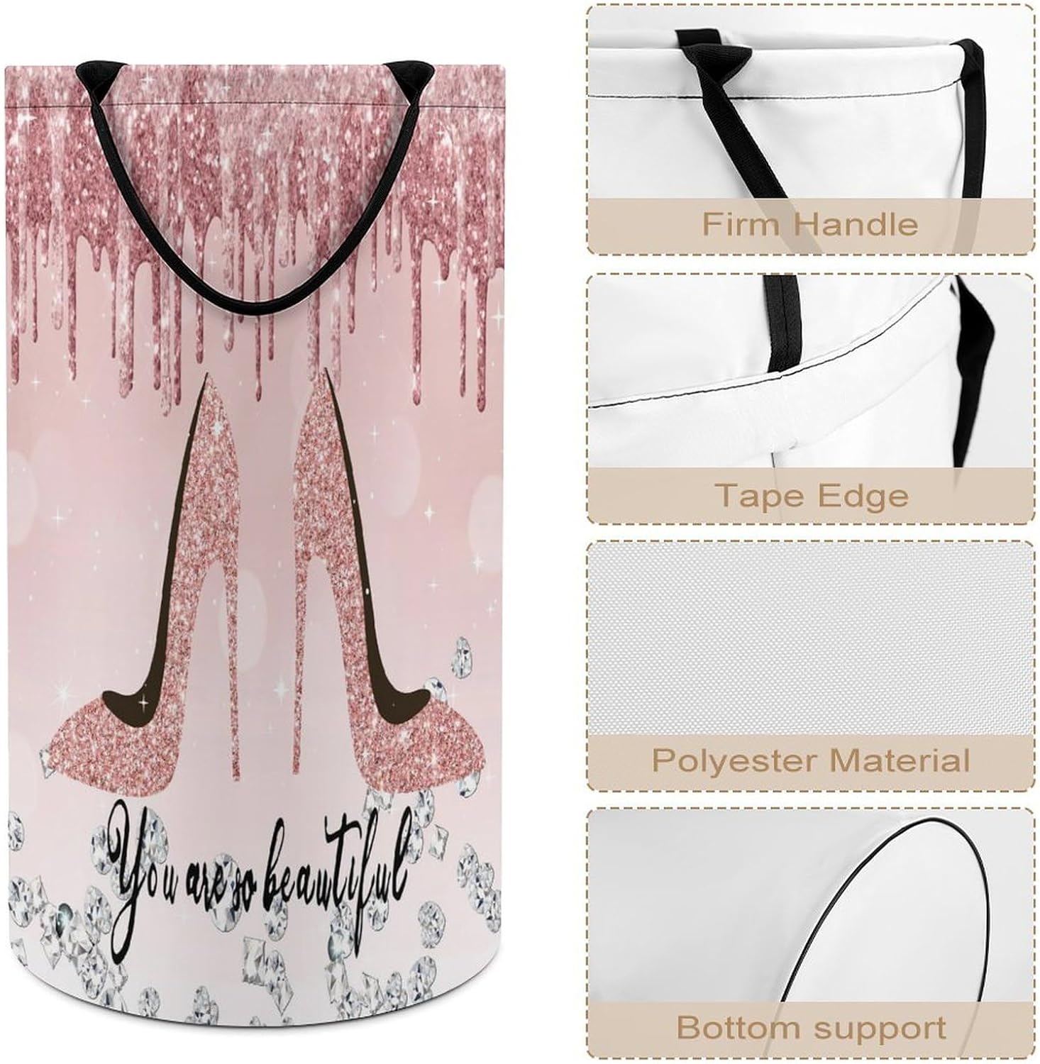 Pink And High Heel Laundry Hamper Dirty Clothes,High Heels Shoe Feminine Glitter Pattern Large Laundry Basket Storage Basket For Bathroom 15.7W