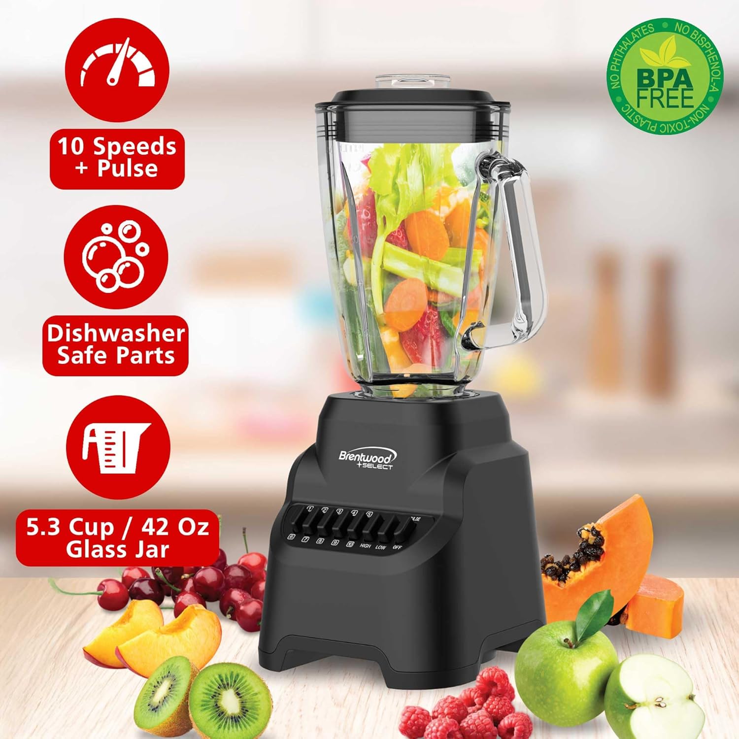 Brentwood Select JB-500BK 10-Speed Countertop Blender with Pulse Button, 5.3-Cup Glass Jar, Stainless Steel Blades, Non-Slip Base, Dishwasher-Safe Parts, Black