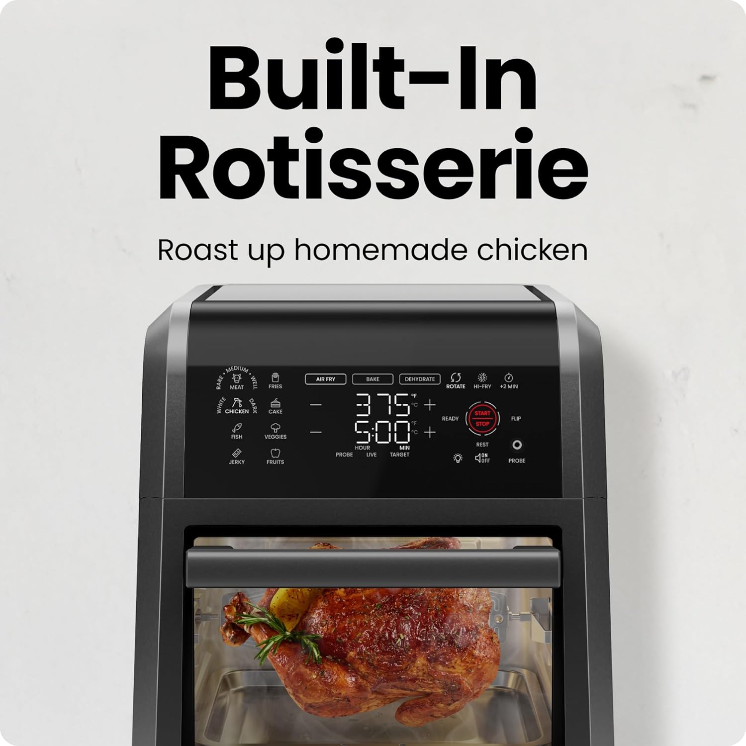 CHEFMAN ExacTemp™ 12 Quart 5-in-1 Air Fryer with Integrated Smart Cooking Thermometer, 28 Touchscreen Presets, Rotisserie, Dehydrator, Bake, XL Convection Oven with Auto Shutoff, Black