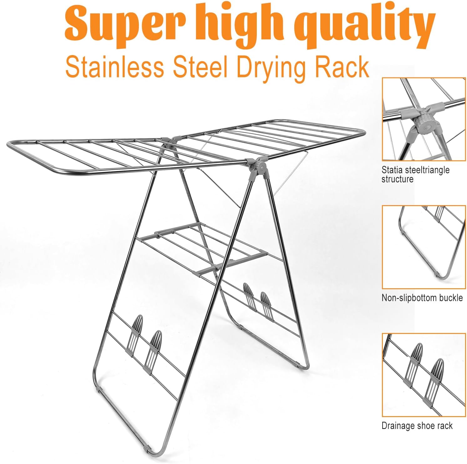 Clothes Drying Rack Foldable -Height Adjustable Laundry Drying Rack Large Space, Winged Laundry Rack with Sock Clips for Hanging Towels Clothes Dress Bedding Indoor Outdoor, Gray