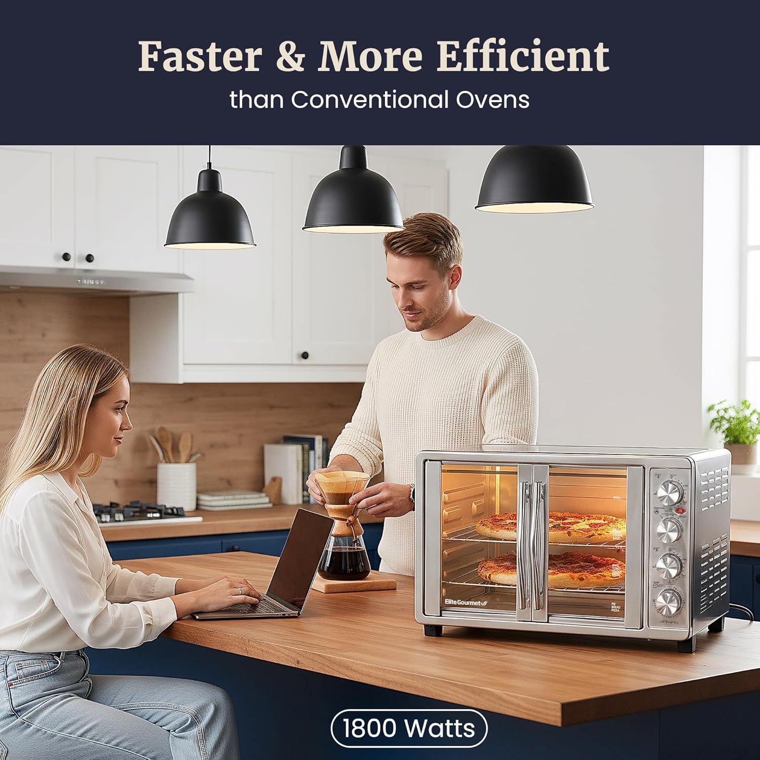 Elite Gourmet ETO-4510M French Door 47.5Qt, 18-Slice Convection Oven 4-Control Knobs, Bake Broil Toast Rotisserie Keep Warm, Includes 2 x 12