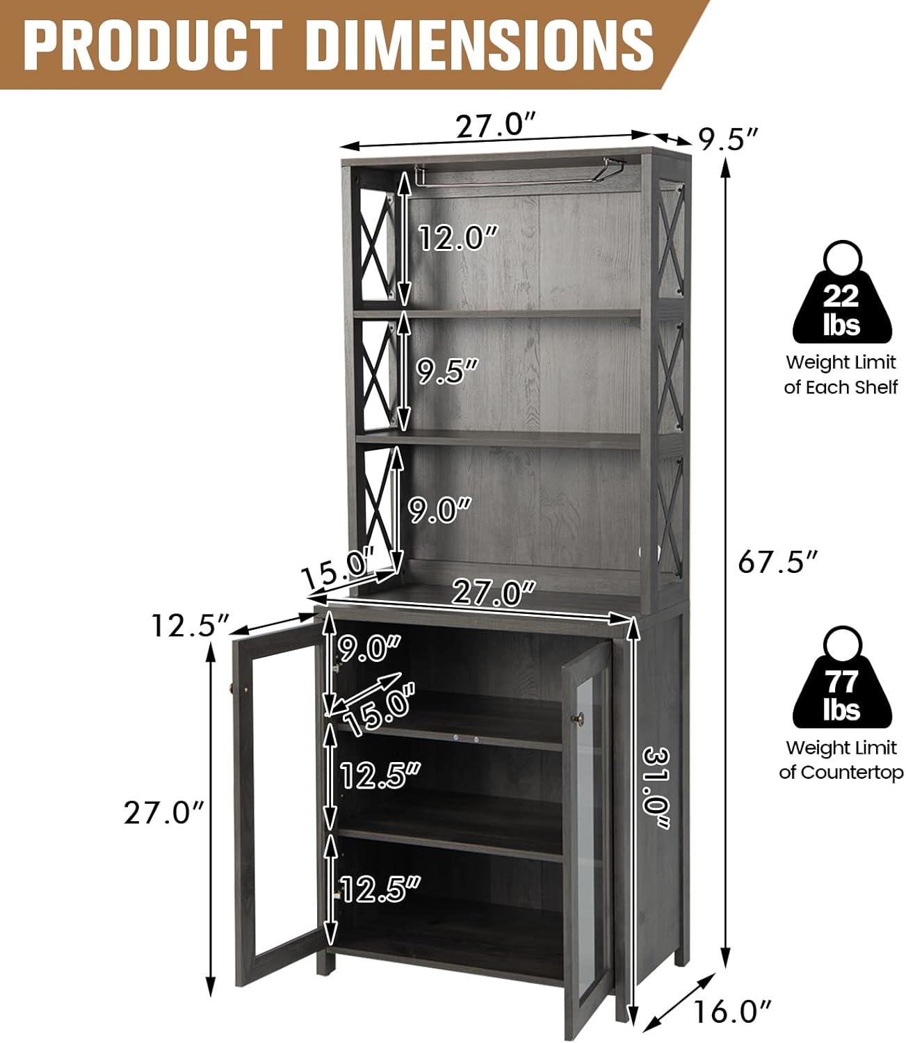 LOKO Kitchen Pantry Storage Cabinet, Farmhouse Buffet Hutch with Stemware Rack, Microwave Countertop & Tempered Glass Doors, 67.5