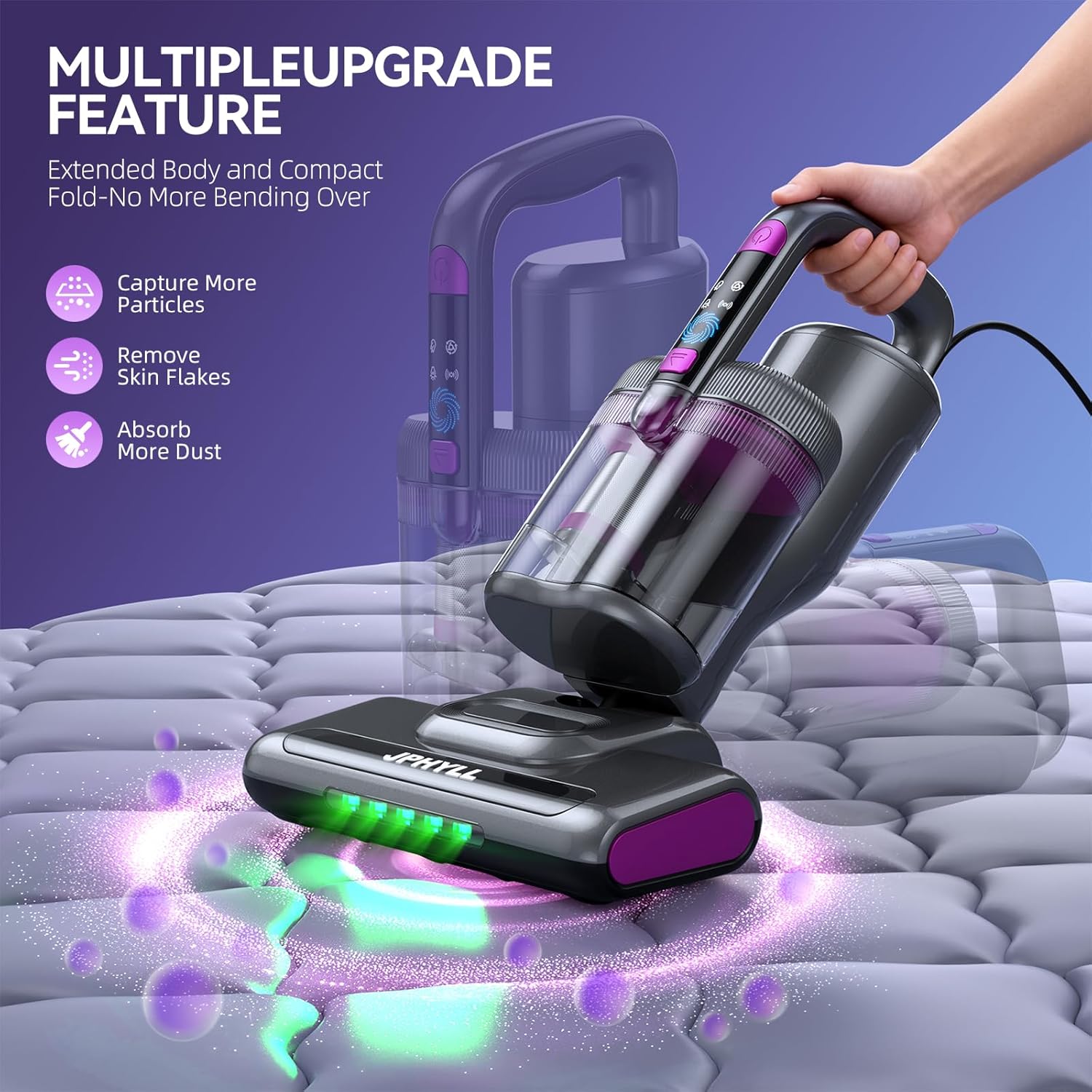 Mattress Vacuum Cleaner, 16Kpa Bed Vacuum with UV-C Sanitization, Thermal Air Drying, Ultrasonic Wave, and 30000 RPM/Min Brushroll Action, Expanded Suction Inlet, Corded (Dark Gray)