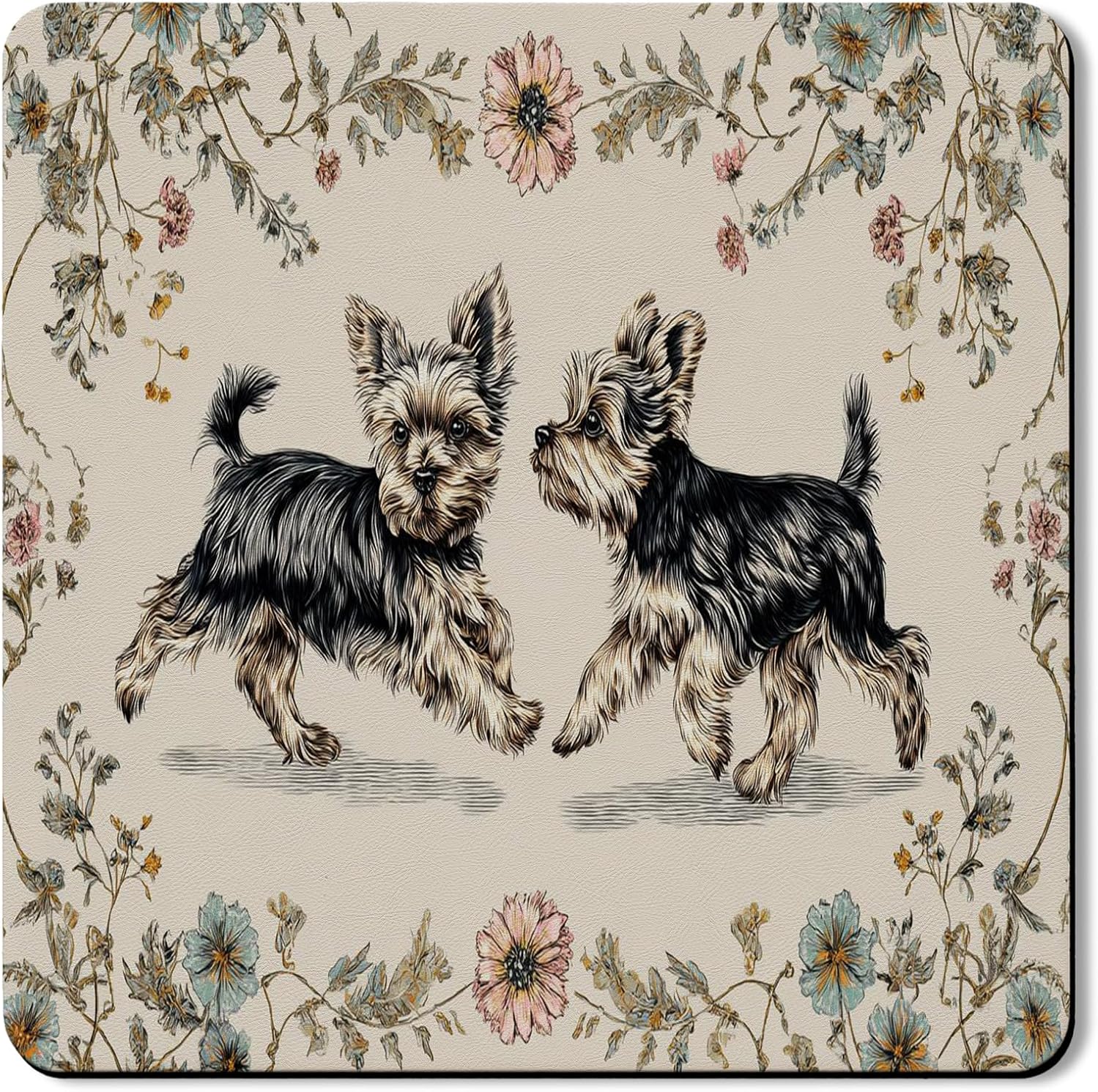 Yorkshire Terrier Washer Dryer Top Protector Mat, Vintage Floral Design Laundry Machine Dust Covers, Decorative Rubber Anti-slip Waterproof Washer And Dryer Mats for Home 24x24 Inch