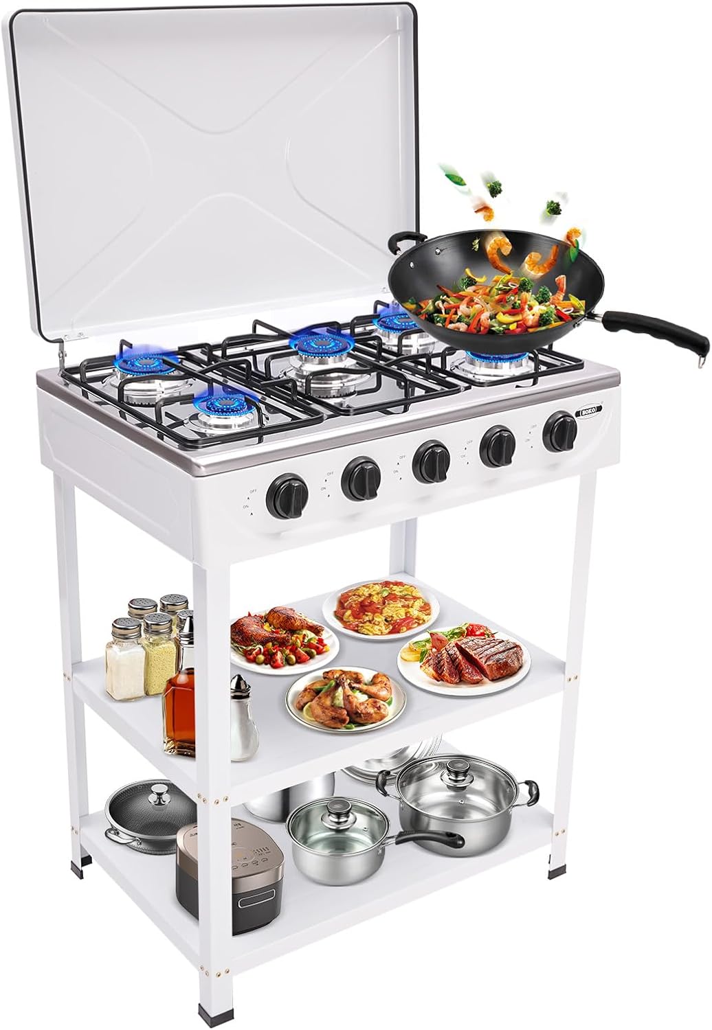 Grill Natural Gas Cooker, 5 Burner Propane Stove Stand 2.5KW Auto Ignition Camping Stove with Removable Leg Portable Outdoor Gas Stove for RV for Stir-frying Cooking Pasta Boiling Soup White