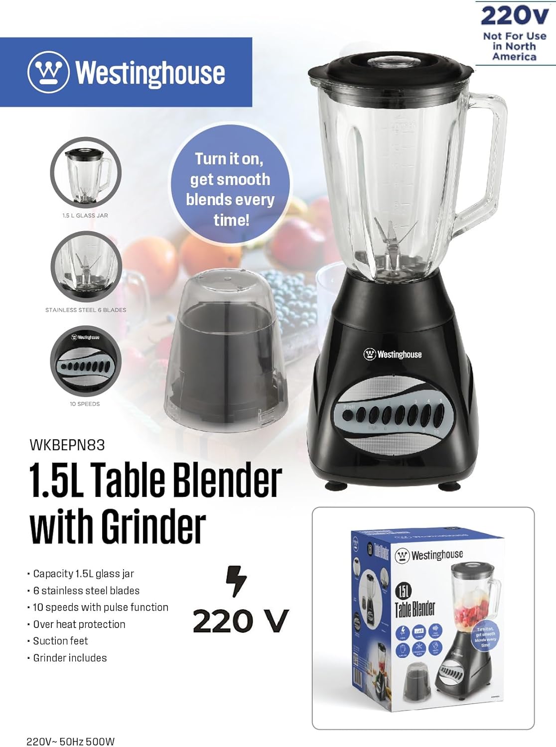 220 Volts Blender WKBEPNG83-1.5L -10 Speed - Pulse Rotation - 500W -Stainless Steel Blade -Glass Jar-Mini Grinder Bundle With Dynastar 220-240 Volts (Not For USE IN USA)