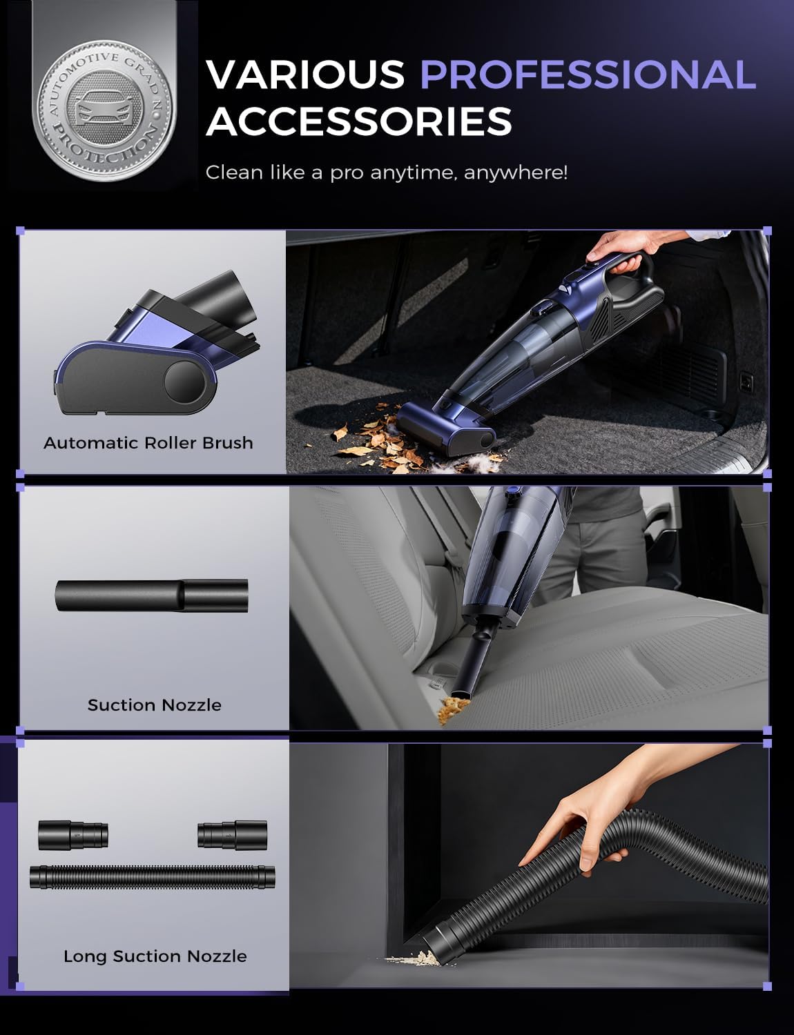 MAGIC JOHN Pet Hair Handheld Vacuum Cordless, 20000PA High Power Car Vacuum with Motorized Brush and LED Light, Rechargeable Hand Held Vacuum Cleaner with Reusable Filter for Car, Home, Office & Pet