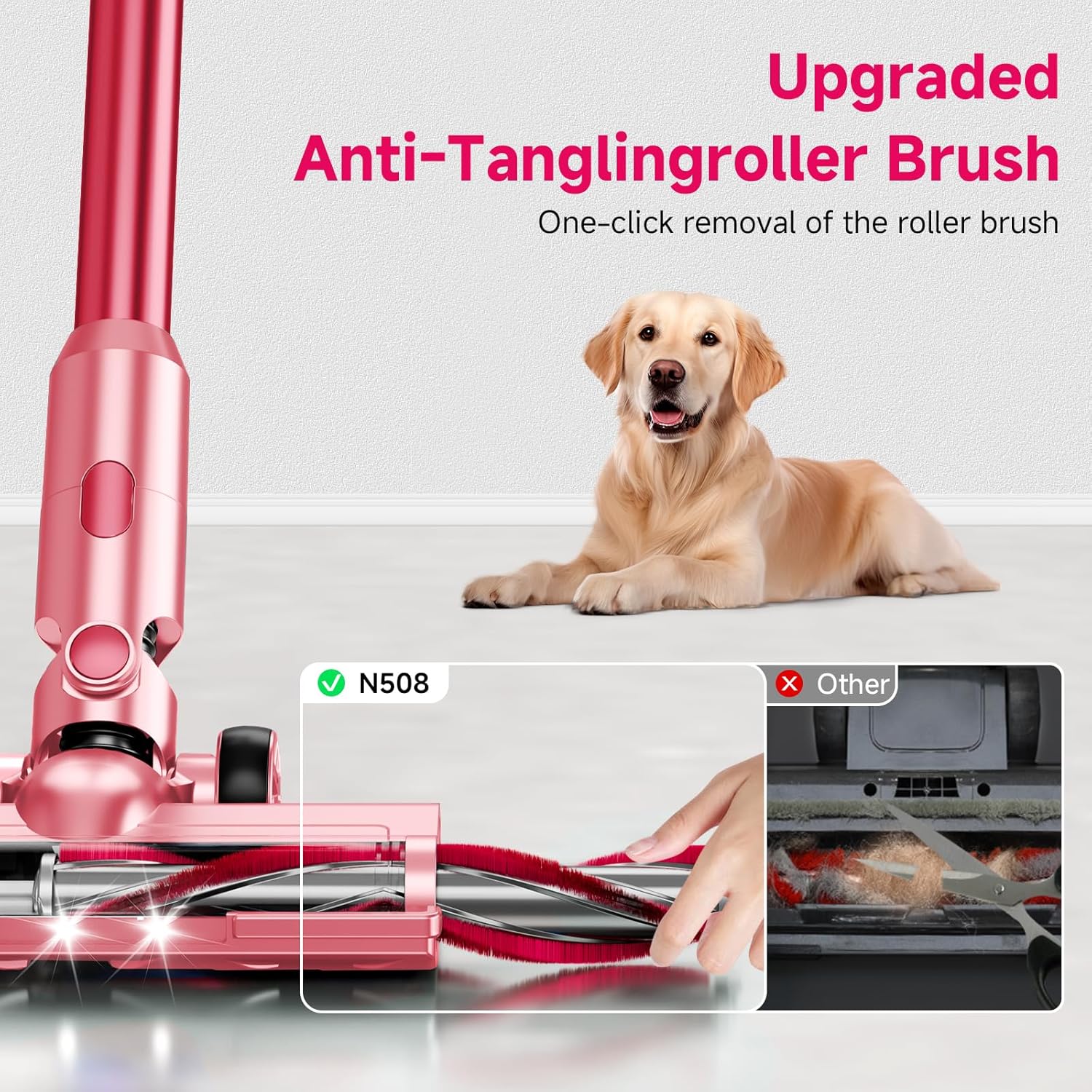 Cordless Vacuum Cleaner,55Mins/Powerful Vacuum Cleaners for Home,Stick Vacuums with 8 in 1,Touch Screen,LED Headlights, Anti-Tangle,Pet Hair,Pink