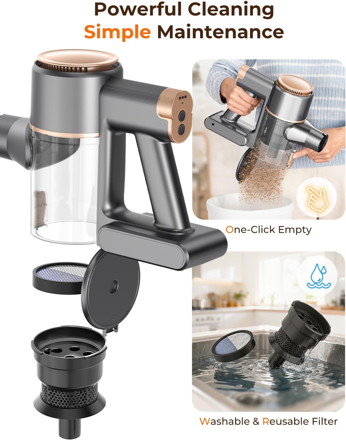 N8 Cordless Vacuum Cleaner,Lightweight Stick Vacuum with Powerful Suction,2200mAh Battery,40 Mins Runtime,Self-Standing,Rechargeable Vacuum Cleaners for Home Hardwood Floor Carpet Pet Hair (Gold)