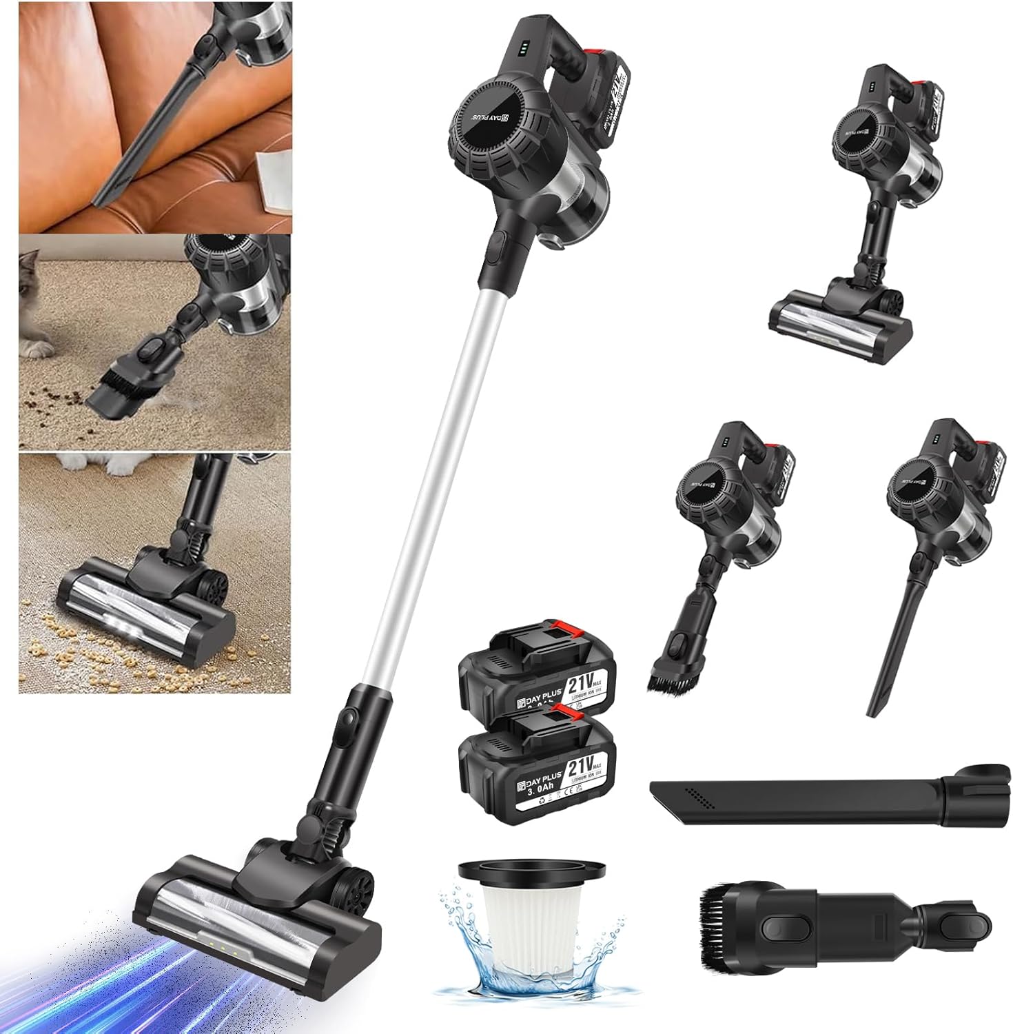 Cordless Vacuum Cleaner, 15Kpa Powerful Suction Stick Vacuum, 6 in 1 Lightweight Vacuum Cleaner with Brushless Motor, 2x 3000mAh Rechargeable Battery, 45 Mins Runtime, for Home Hard Floor & Pet Hair