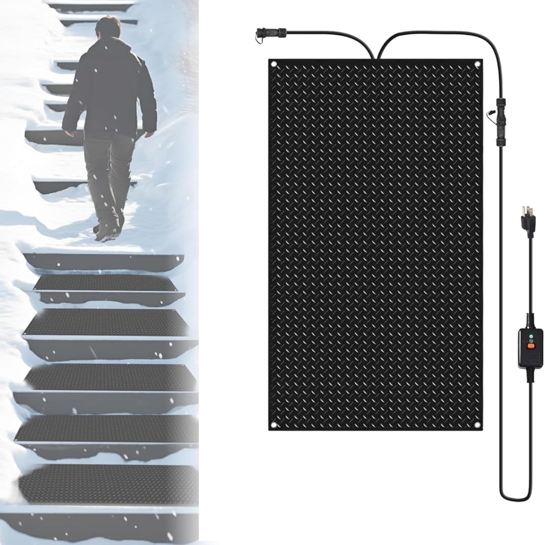 Heated Snow Melting Mats for Entrances Roof, Heated Outdoor Mats for Winter Black Heated Snow Melt Mats Non Slip Rubber Heating Entrance Mats with Plug Power Cord for Outdoor Use(30 * 90cm)