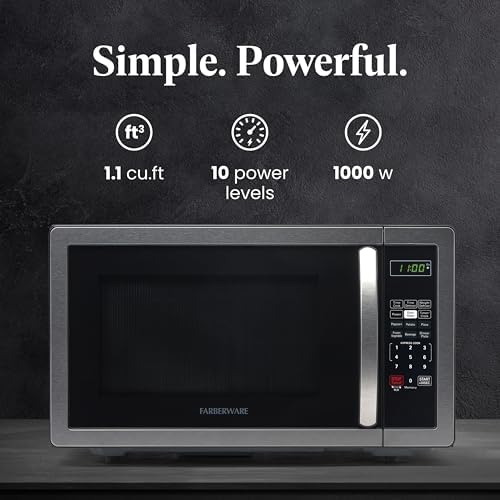 Farberware 1.1 Cu. Ft. Countertop Microwave Oven – 1000 Watts Power, Auto Cook Settings, Defrost, Easy Clean and Child Safety Lock - Stainless