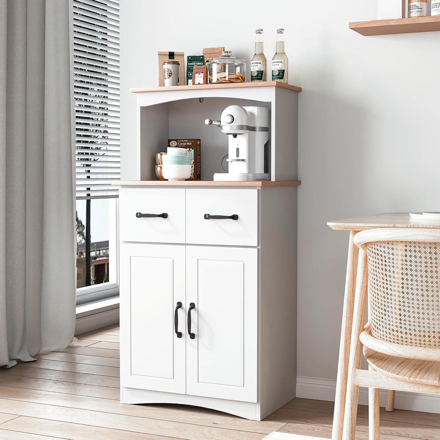 Microwave Stand with Storage, Kitchen Pantry Storage Cabinet with Drawer and Adjustable Shelf, Microwave Cabinet with Open Space for Kitchen, Dining Room, White