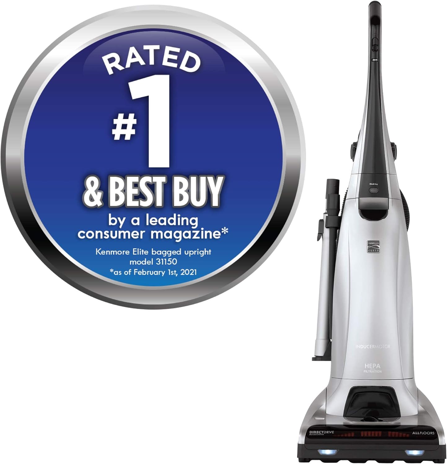 Kenmore Elite 31150 Pet Friendly Bagged Upright Beltless Vacuum w/Pet Handi-Mate, Triple HEPA, 3D Inducer Motor, Telescoping Wand, 5-Position Height Adjustment, 3 Cleaning Tools-Silver