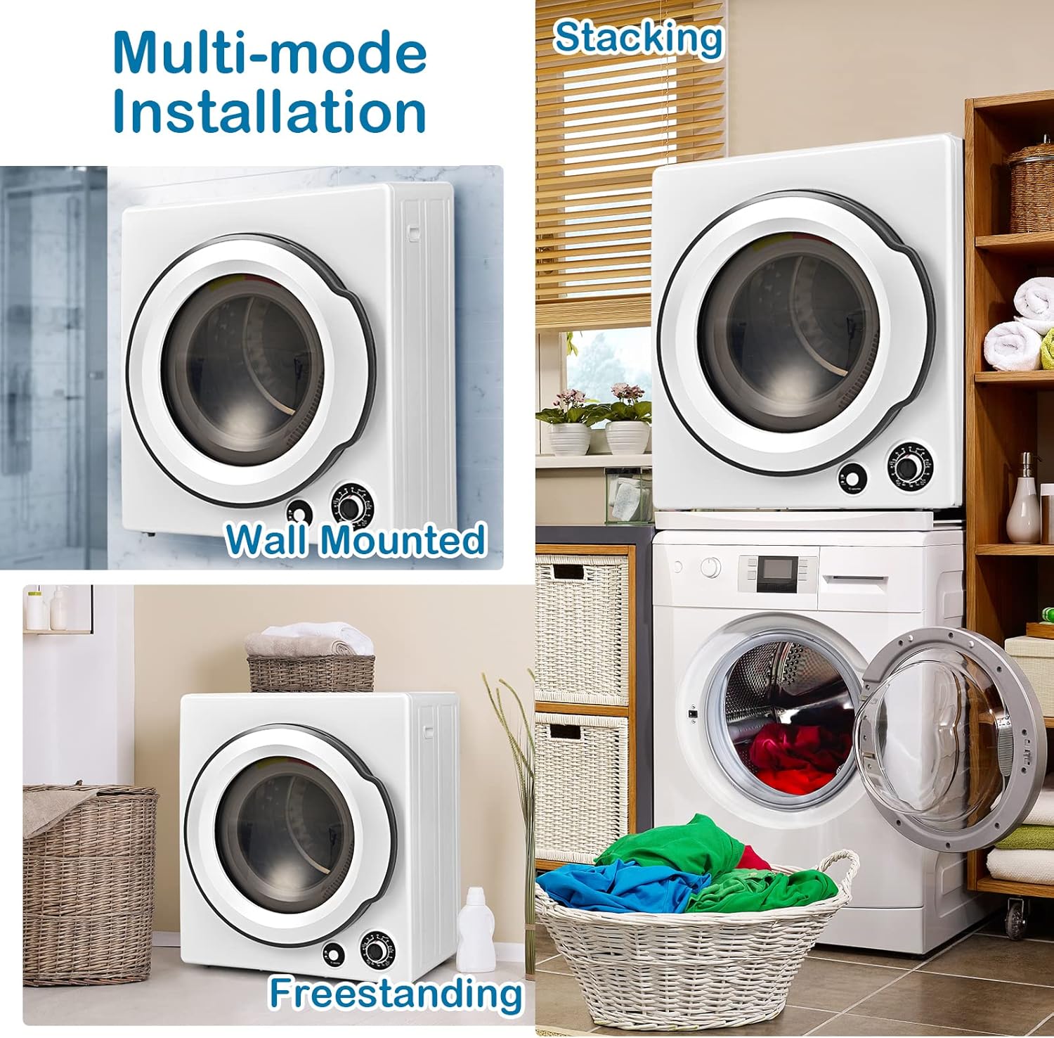 LDAILY Laundry Dryer, Electric Clothes Dryer with Timer, 2 Heating Options, 4 Drying Modes & Cold Air Care Function, Compact Dryer with Stainless Tub, Multi-layer Filtration for Home 1350W, White