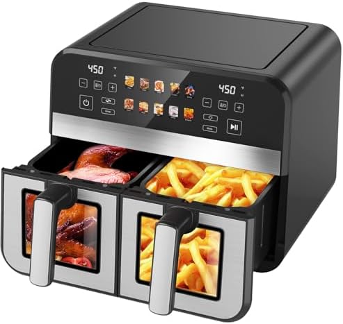 10QT Dual Basket Air Fryer, 12-in-1 Digital Air Fryer Oven with Visible Windows, 5QT x 2 Drawers, One-Touch LED Panel, Sync Finish, Dehydrate, Defrost, Roast, Bake, Reheat, Nonstick & Dishwasher Safe