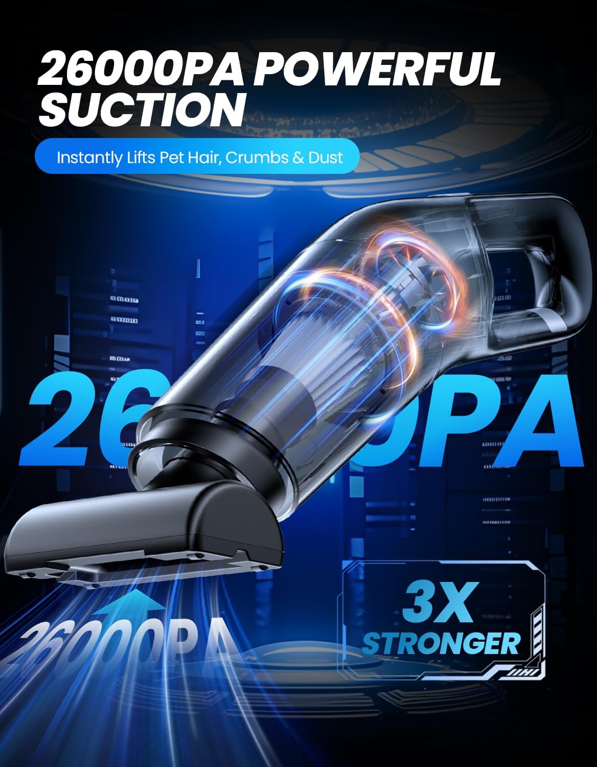 Handheld Vacuum Cordless, 26,000 Pa High Power Suction, Portable Rechargeable Car Vacuum Cleaner for Home, Pet Hair, Keyboard & Furniture, Black