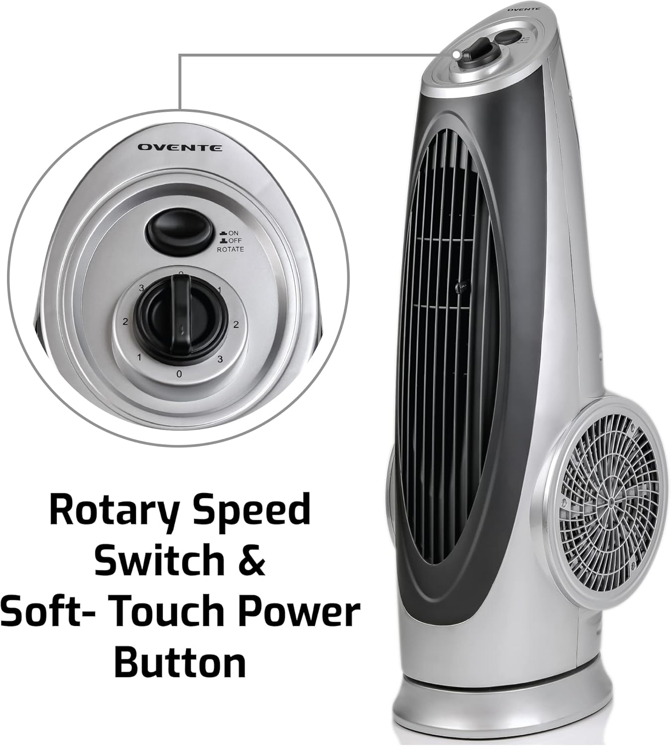 Ovente Portable Electric 30.4 Inch 90° Oscillating Tower Fan with 3 Speeds controlled by Manual Analog Knob with Low-Noise Technology Cool Air Breeze, Indoor, Bedroom, Home, Office, Silver TF87S