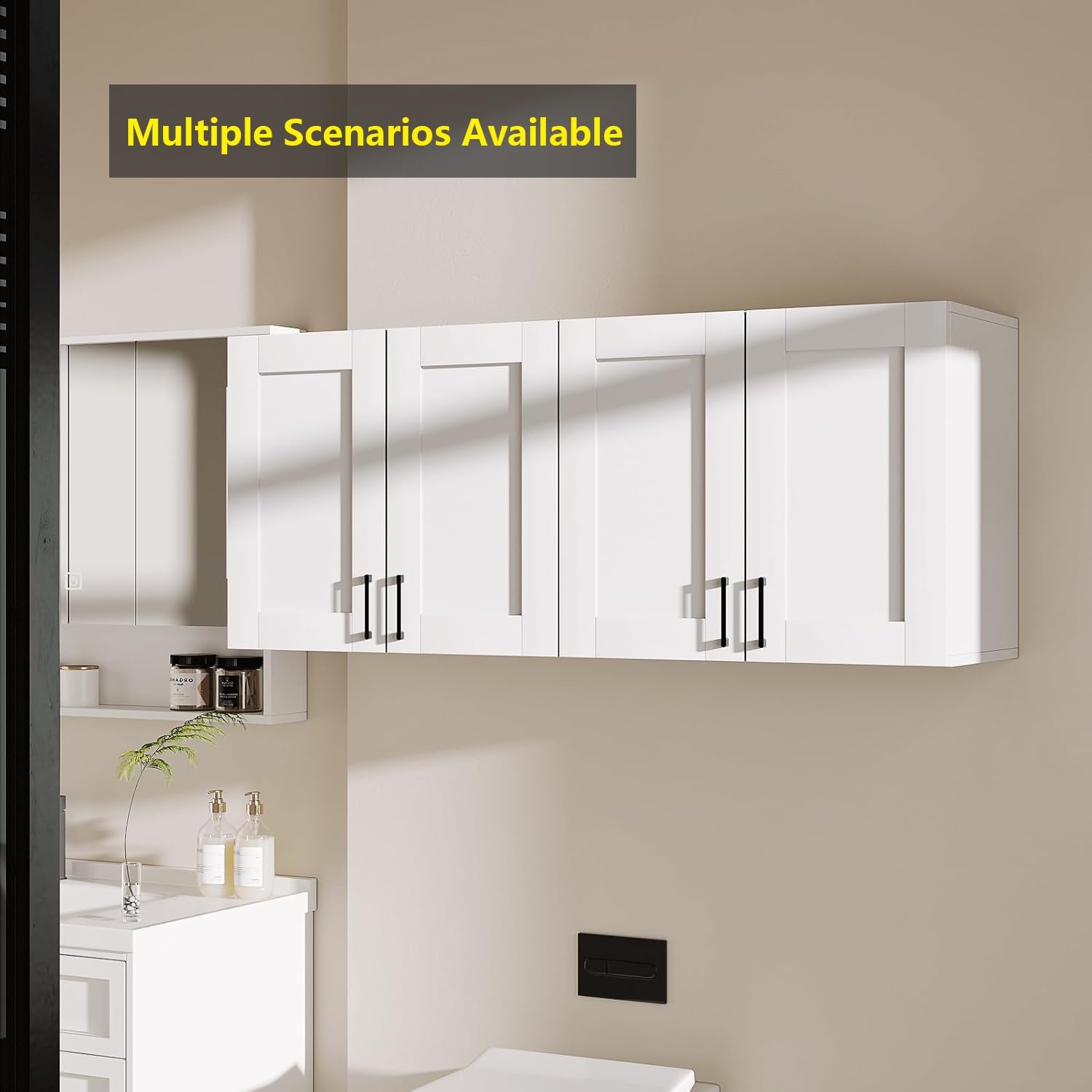 White Laundry Room Cabinets and Storage with 4 Doors and Utility Adjustable Shelf，Gabinetes Para Cocina Cupboard Kitchen Organizers and Storage Pantry Wall Mounted 12.4