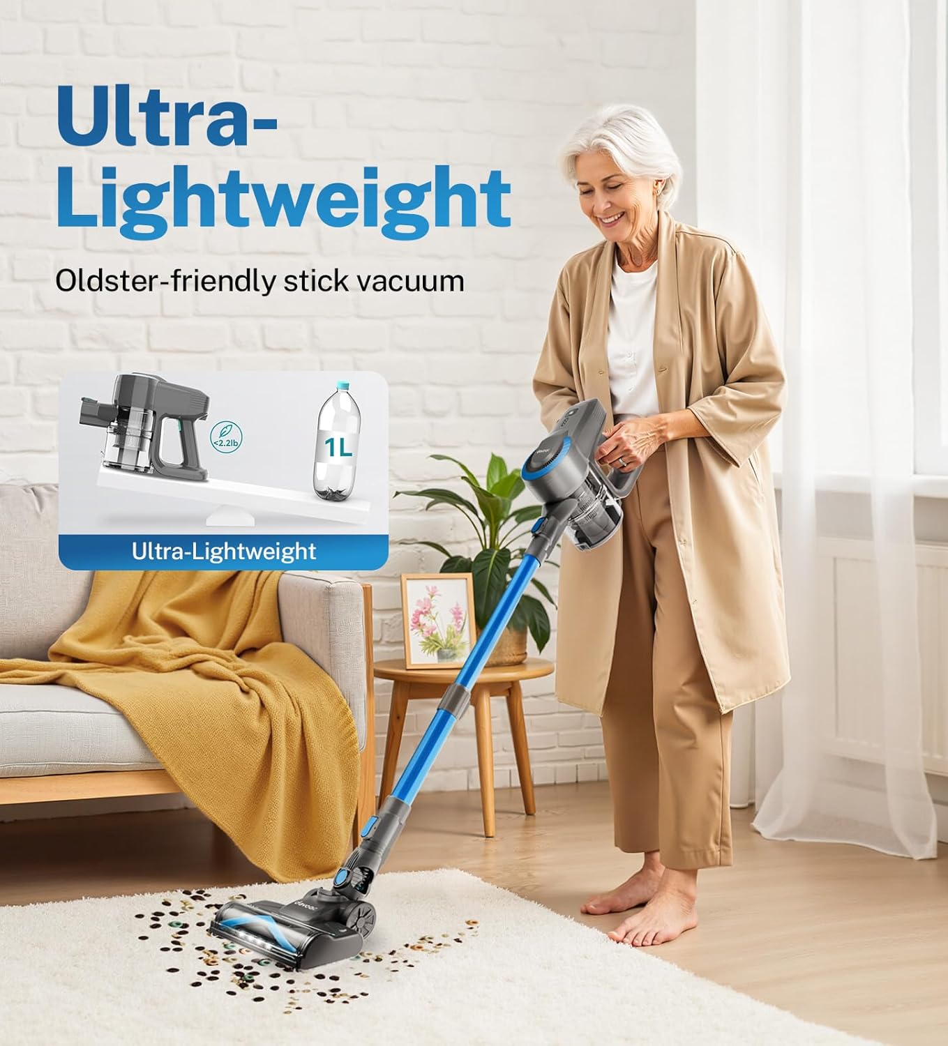 DEVOAC N300 Cordless Vacuum Cleaner, 6 in 1 Lightweight Stick Vacuum, 2200mAh Battery Up to 40mins Runtime, Powerful Handheld Vacuum for Hard Floor Rug Pet Hair Home Dorm (Blue)