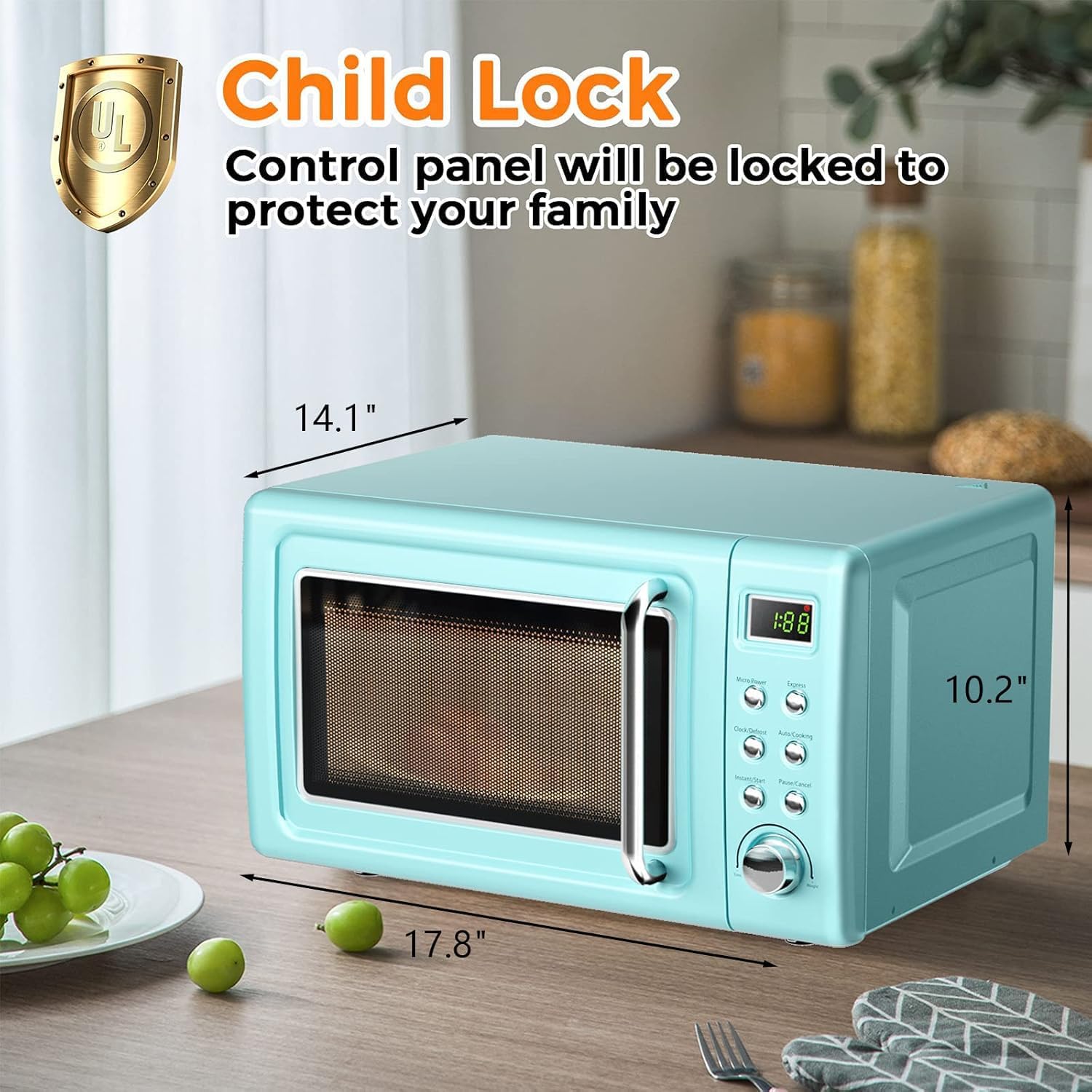 ARLIME Retro Microwave 0.7Cu.ft, 700 Watt Countertop Microwave with 5 Micro Power Defrost & Auto Cooking Function, LED Display, Child Lock, Small Microwave for Kitchen, RV, Dorm (Green)