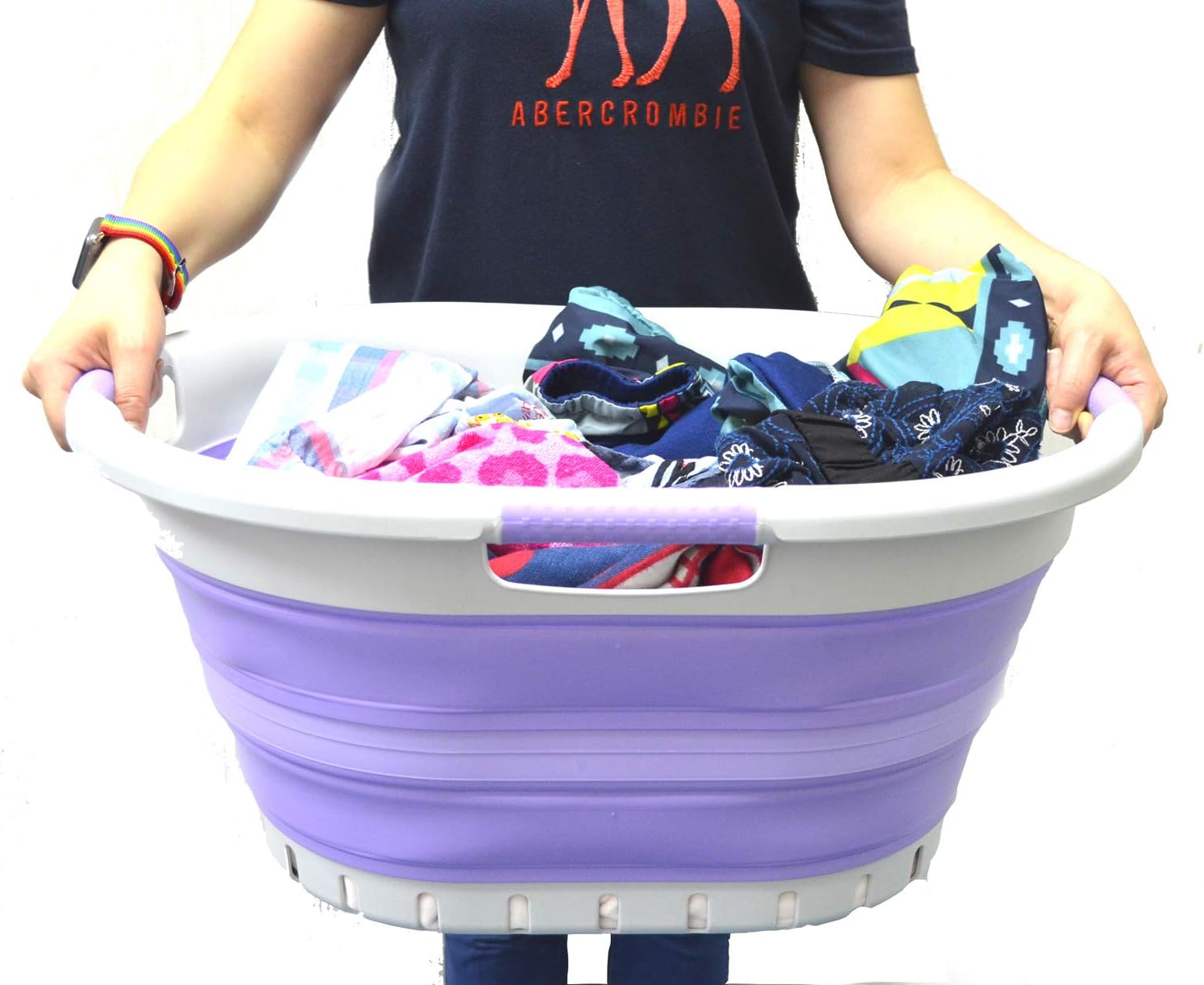 SAMMART 36L (9.5 gallon) Collapsible 3 Handled Plastic Laundry Basket-Foldable Pop Up Storage Container/Organizer-Space Saving Basket (3 handled Oval, Grey/Purple)