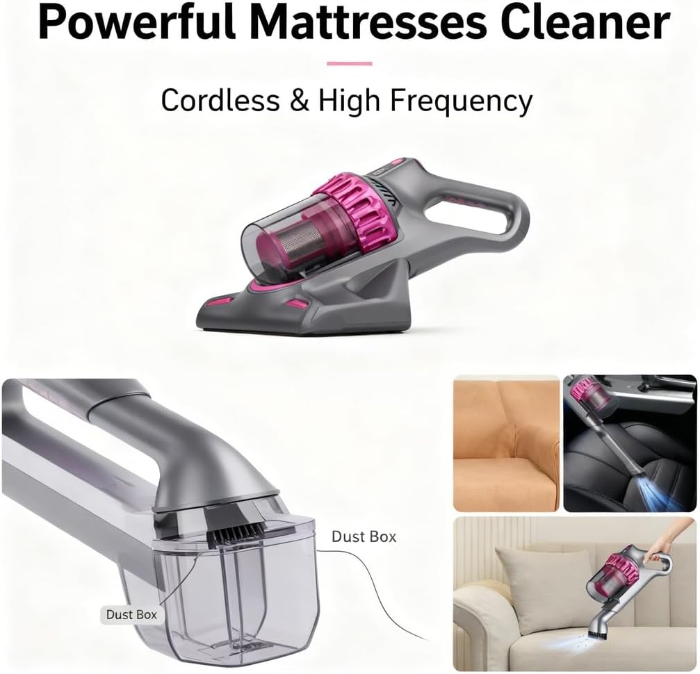 Mattress Vacuum Cleaner Cordless 3 in 1 Handheld 10Kpa Strong Suction Gray - Vibration, Dual Beat Technology, Upholstery and Sofa Cleaning