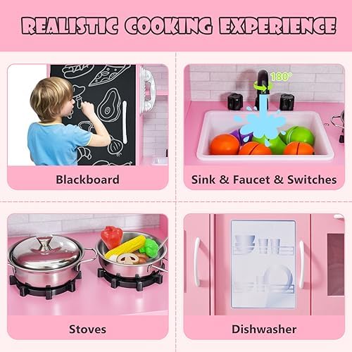 Costzon Kids Kitchen Playset, Wooden Pretend Cooking Toy Set w/Realistic Sound, Large Blackboard, Telephone, Microwave, Ice Maker, Dishwasher, Oven, Storage Space, Play Kitchen for Kids Ages 3+ (Pink)