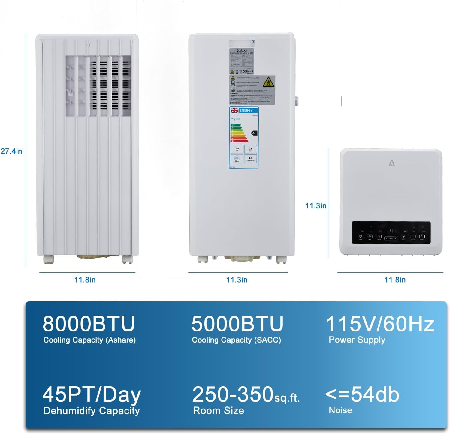 Portable Air Conditioner,8,000 BTU Cools Rooms Up to 350 Sq.Ft. 3 Modes, Remote Control, Easy Installation Kit Included,White
