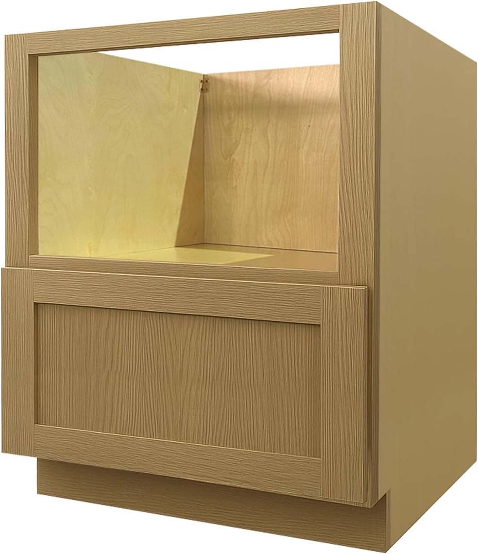 Base Microwave Cabinets, Microwave Oven Cabinet with 1 Soft Close Full Extension Drawer, Open Shelves Cabinet, White Oak and MDF, Unassembled for Kitchen, Kitchen Island, 30