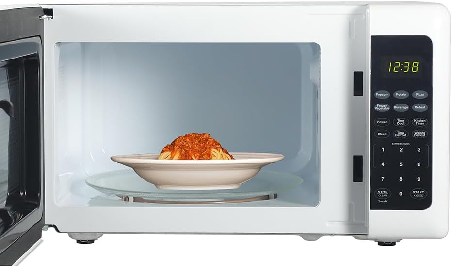 Emerson MW7302W Compact Countertop Microwave Oven with Touch Control, LED Display, 700W, 10 Power Levels, 6 Auto Menus, Glass Turntable and Child Safe Lock, 0.7 Cu., Ft. White